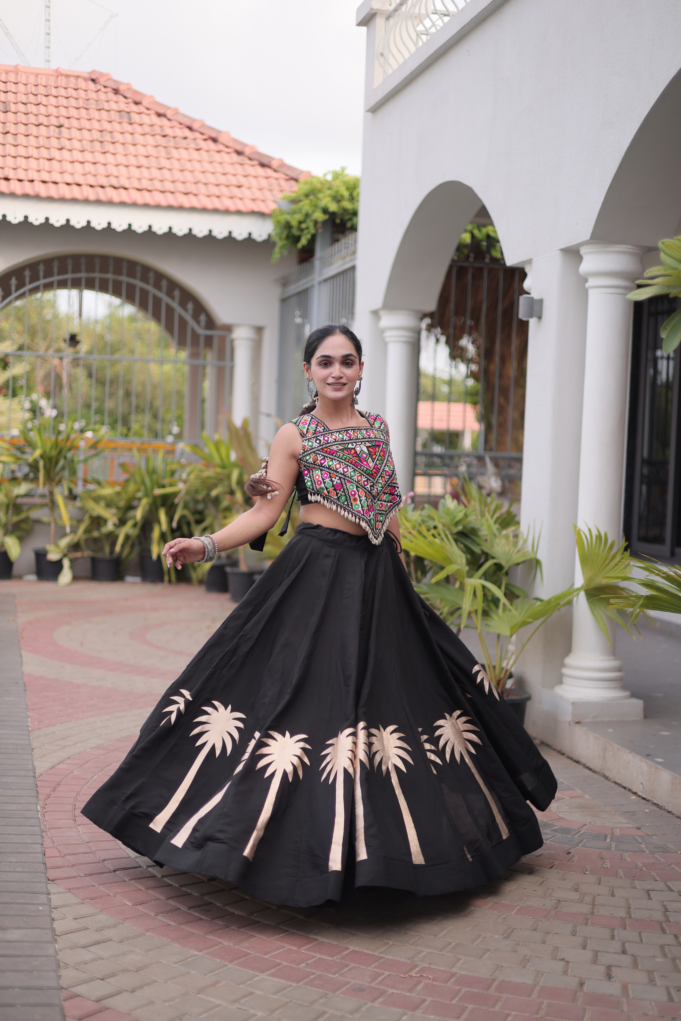 Women's Black Embroidered Lehenga Set with Mirror Work Crop Top | Navratri & Festive Wear