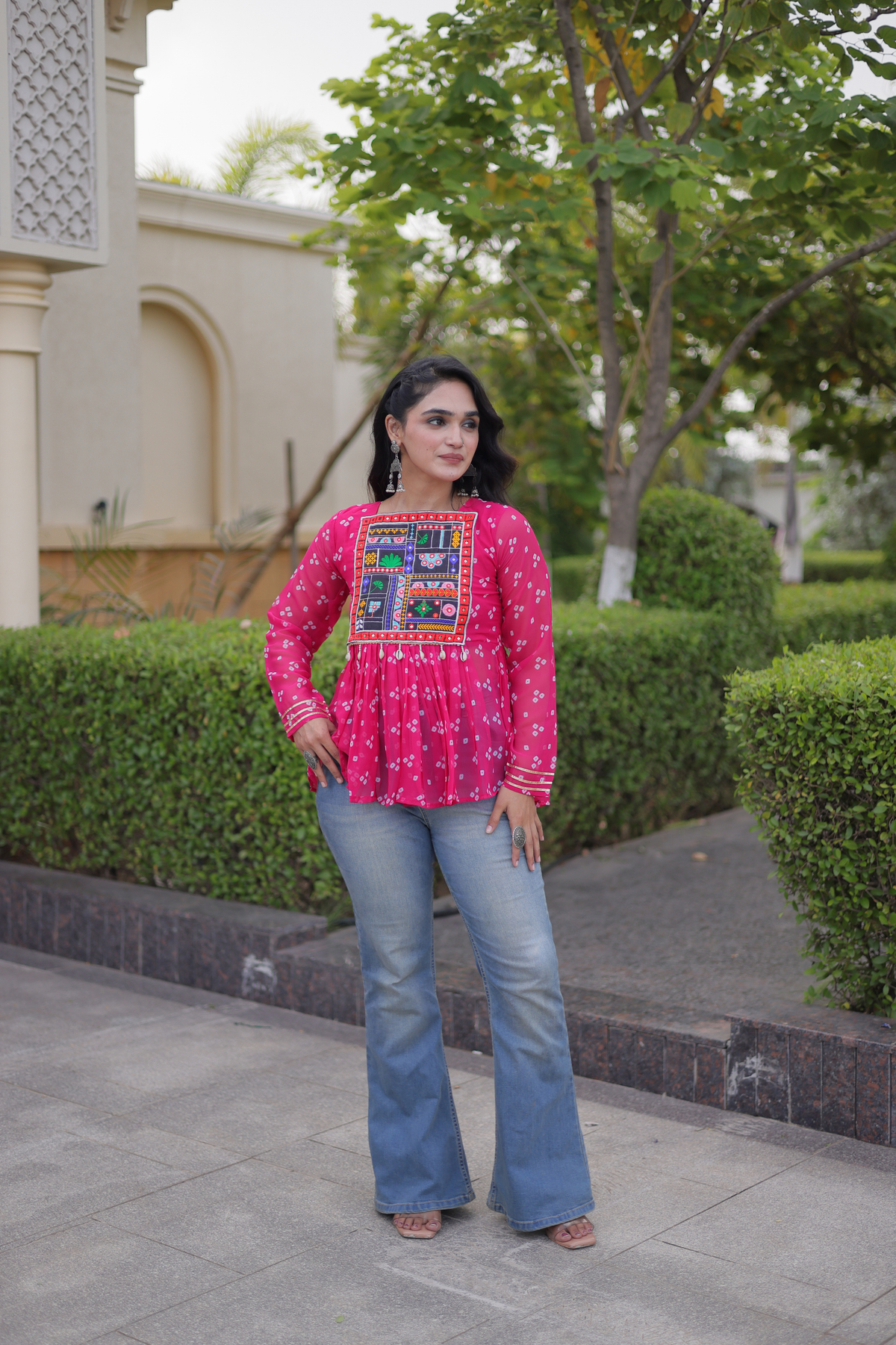 Designer Printed Peplum Top with Embroidered Yoke & Flared Hem