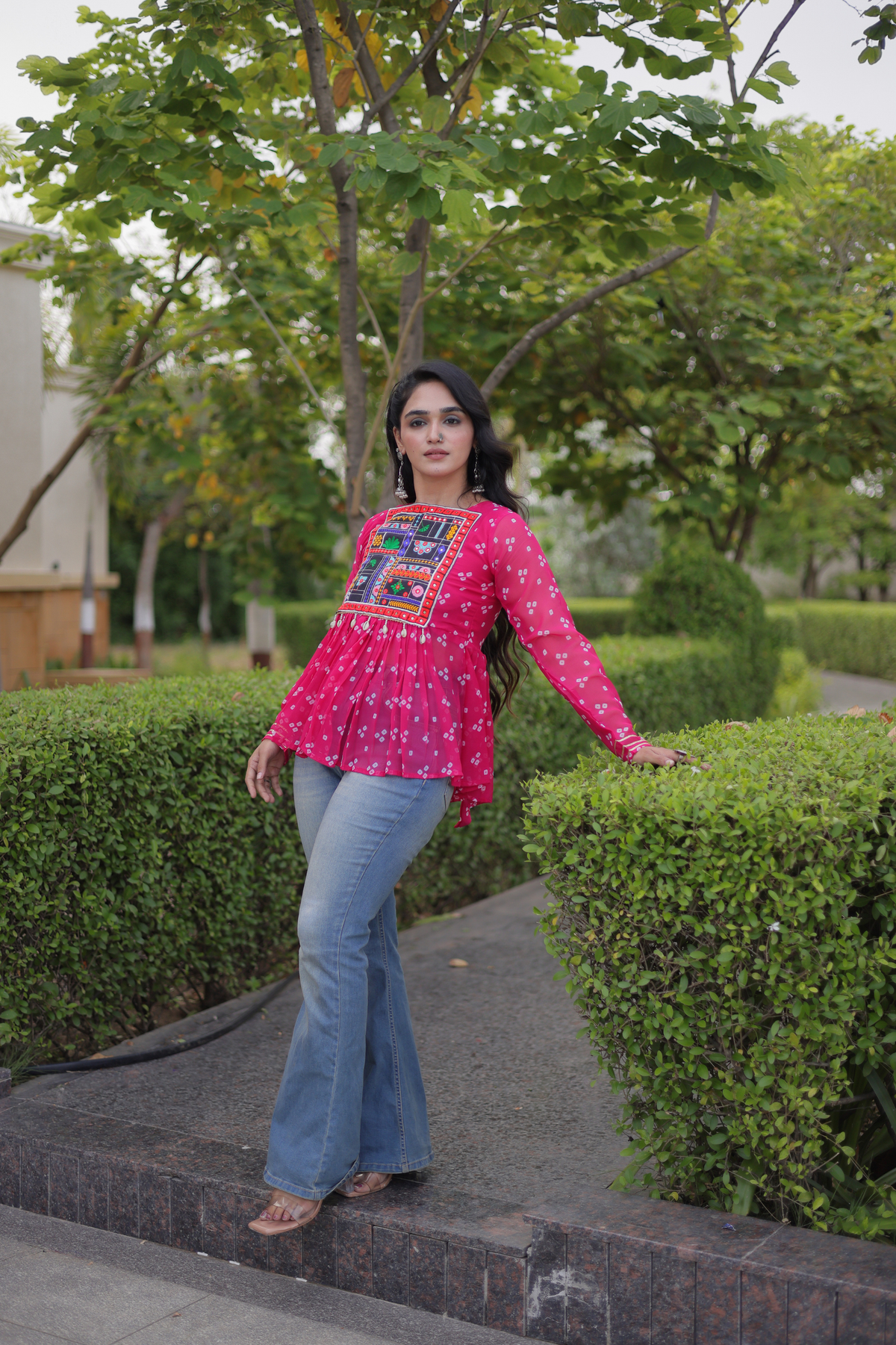 Designer Printed Peplum Top with Embroidered Yoke & Flared Hem