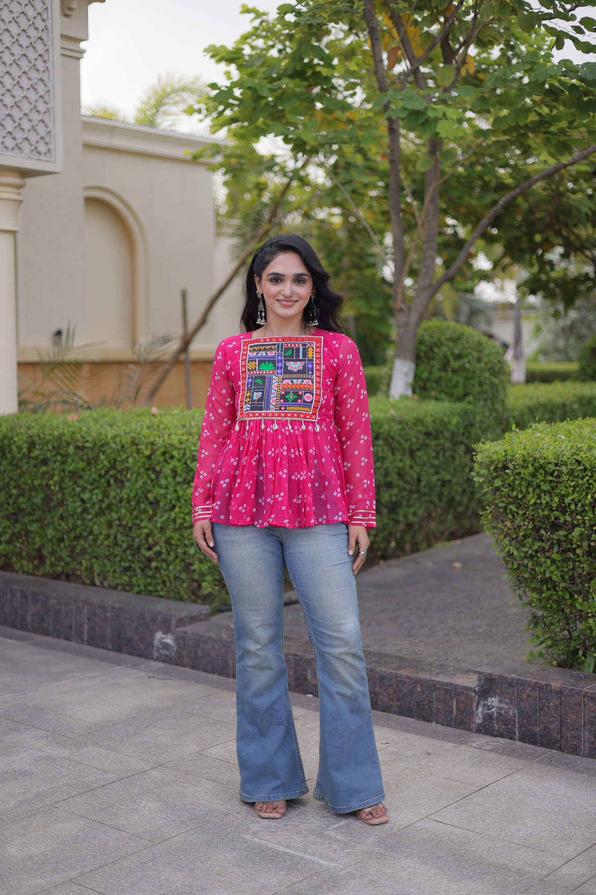Designer Printed Peplum Top with Embroidered Yoke & Flared Hem