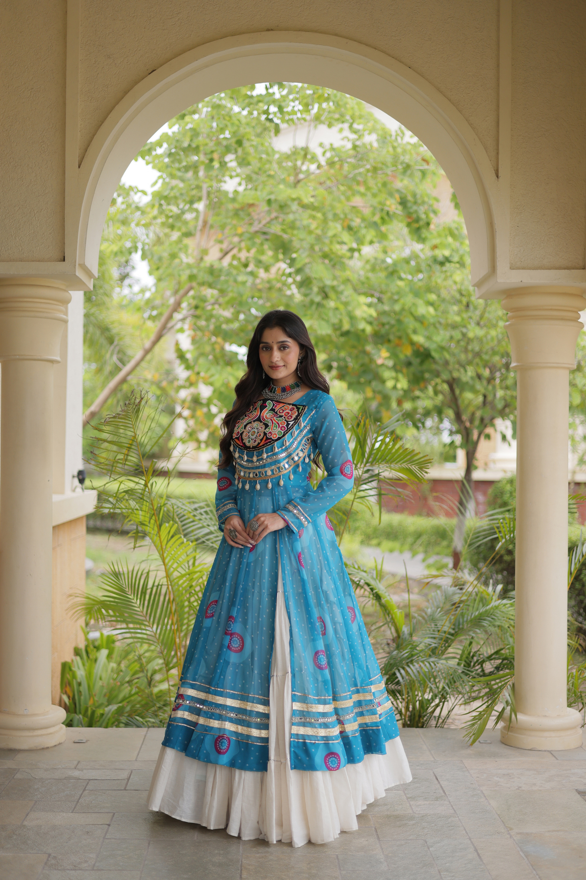 Designer Navratri Lehenga with Traditional Embellished Shrug & Flared Skirt