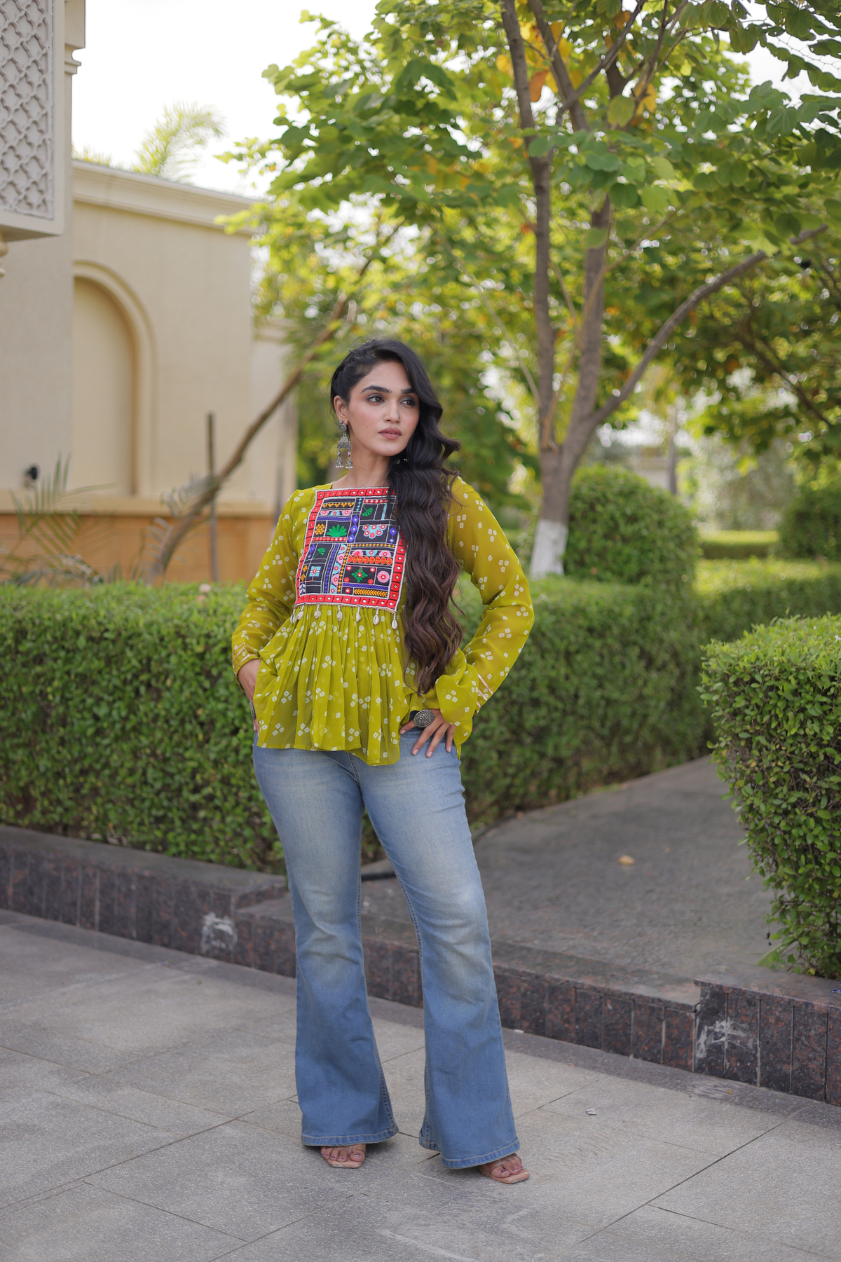 Designer Printed Peplum Top with Embroidered Yoke & Flared Hem