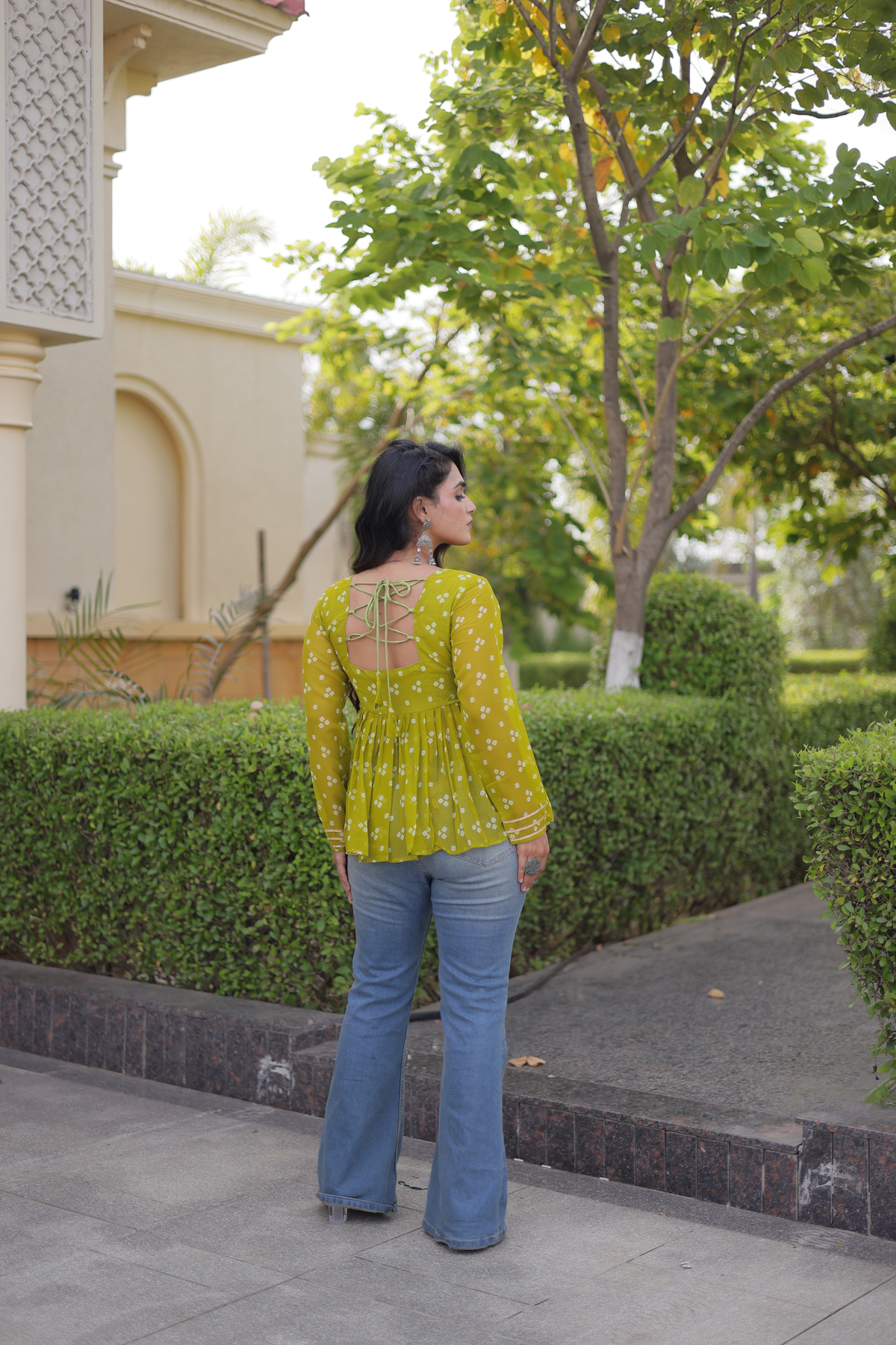 Designer Printed Peplum Top with Embroidered Yoke & Flared Hem