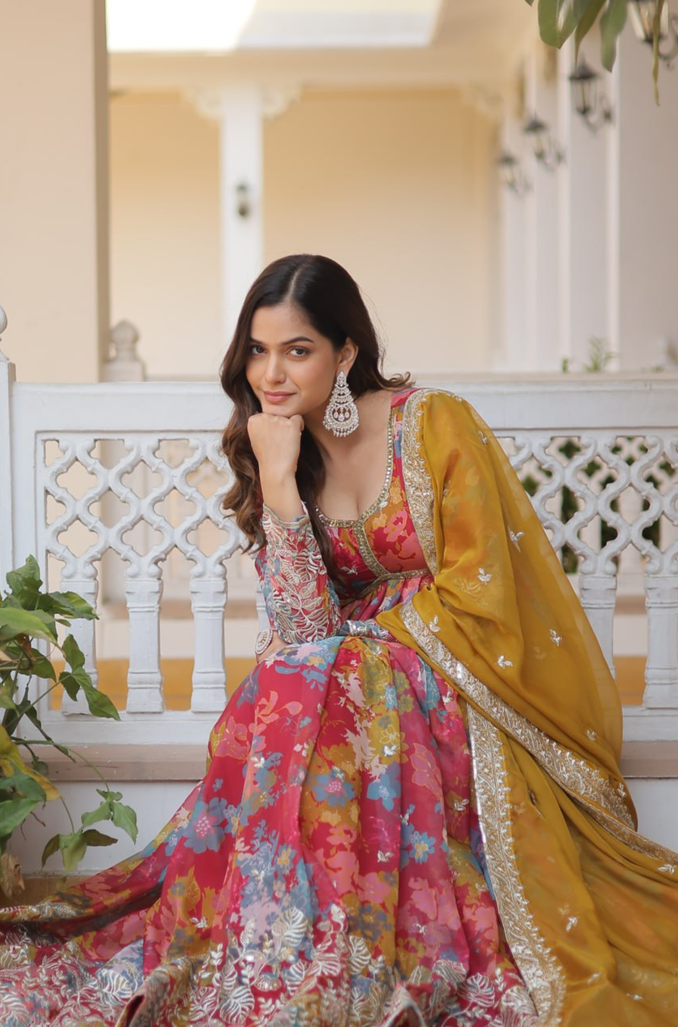Women’s Floral Print Anarkali Gown with Dupatta Set