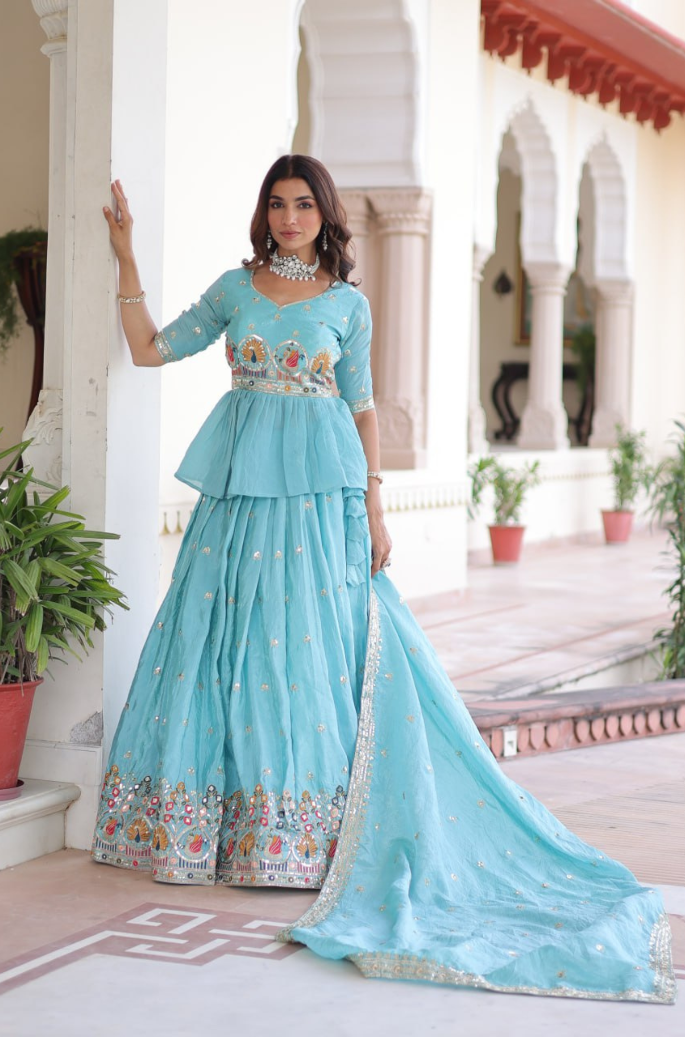 Aqua Blue Designer Embroidered Lehenga Choli Set for Women