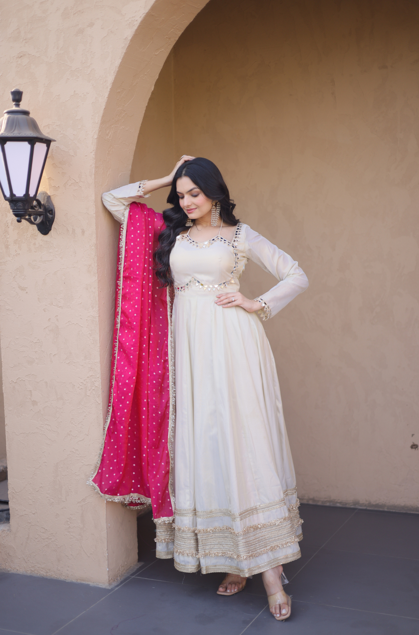 Women Mirror Work Anarkali Gown with Contrast Dupatta