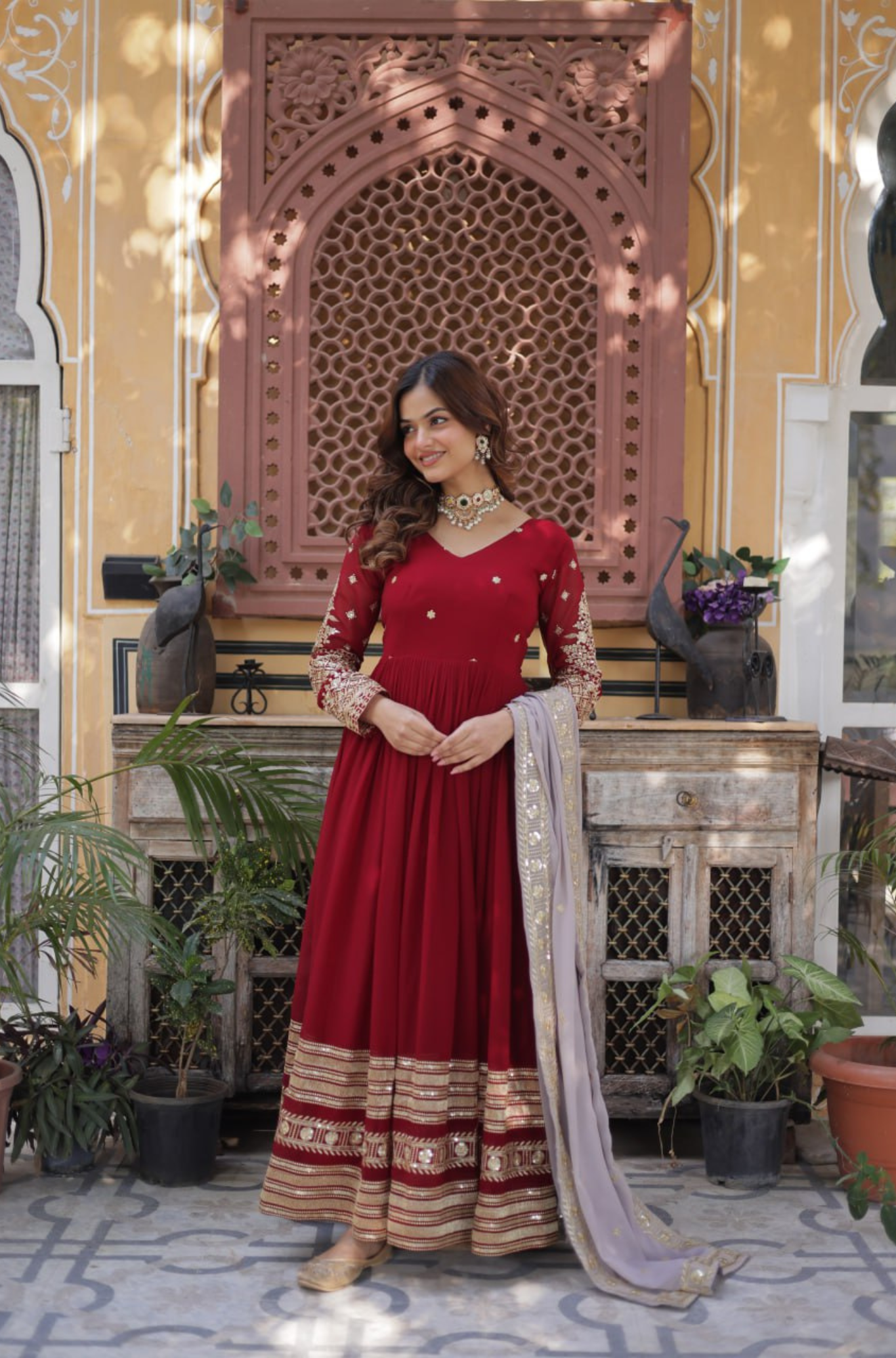 Women’s Embroidered Anarkali Gown with Dupatta