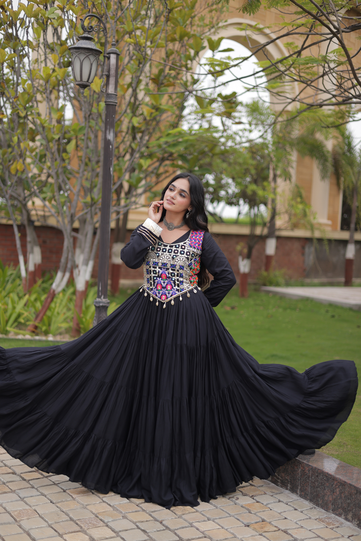 Designer Embroidered Koti Gown with Mirror Work & Flared Skirt
