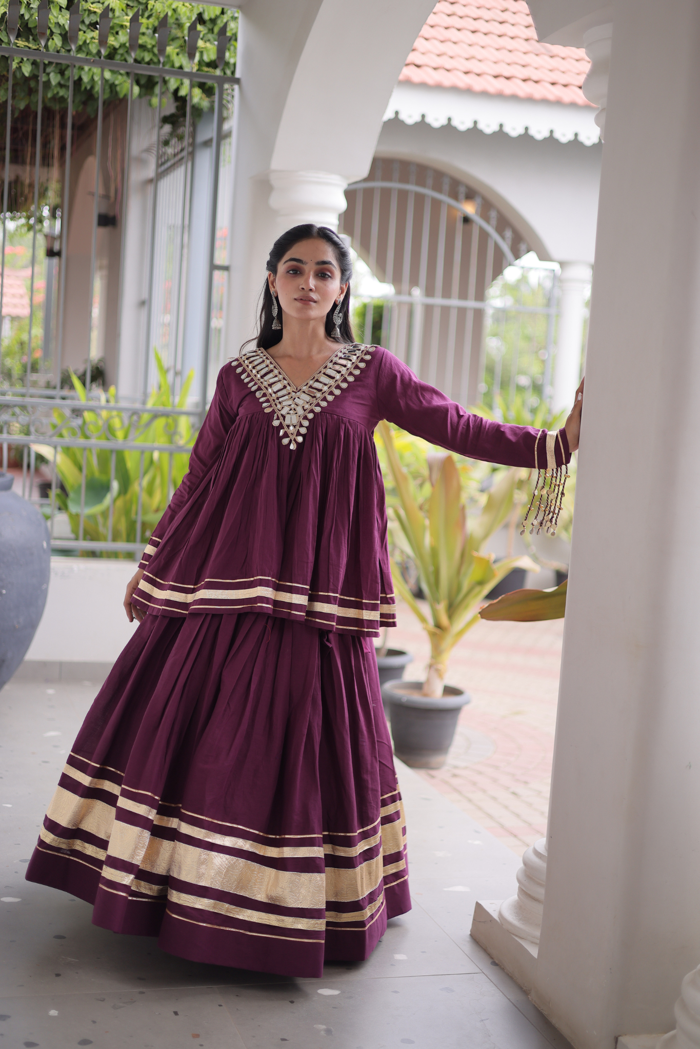 Women's Designer Ethnic Co-Ord Set with Mirror Work Peplum Top & Long Flared Skirt