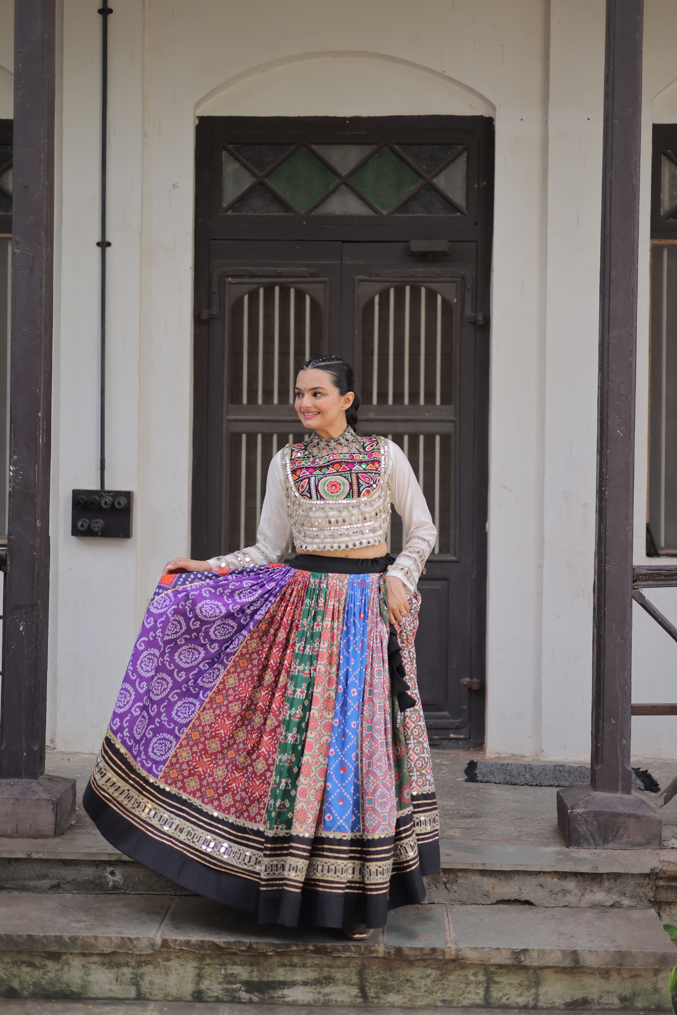 Women's Designer Kutchi Gamthi Patchwork Lehenga Choli Set with Mirror Work