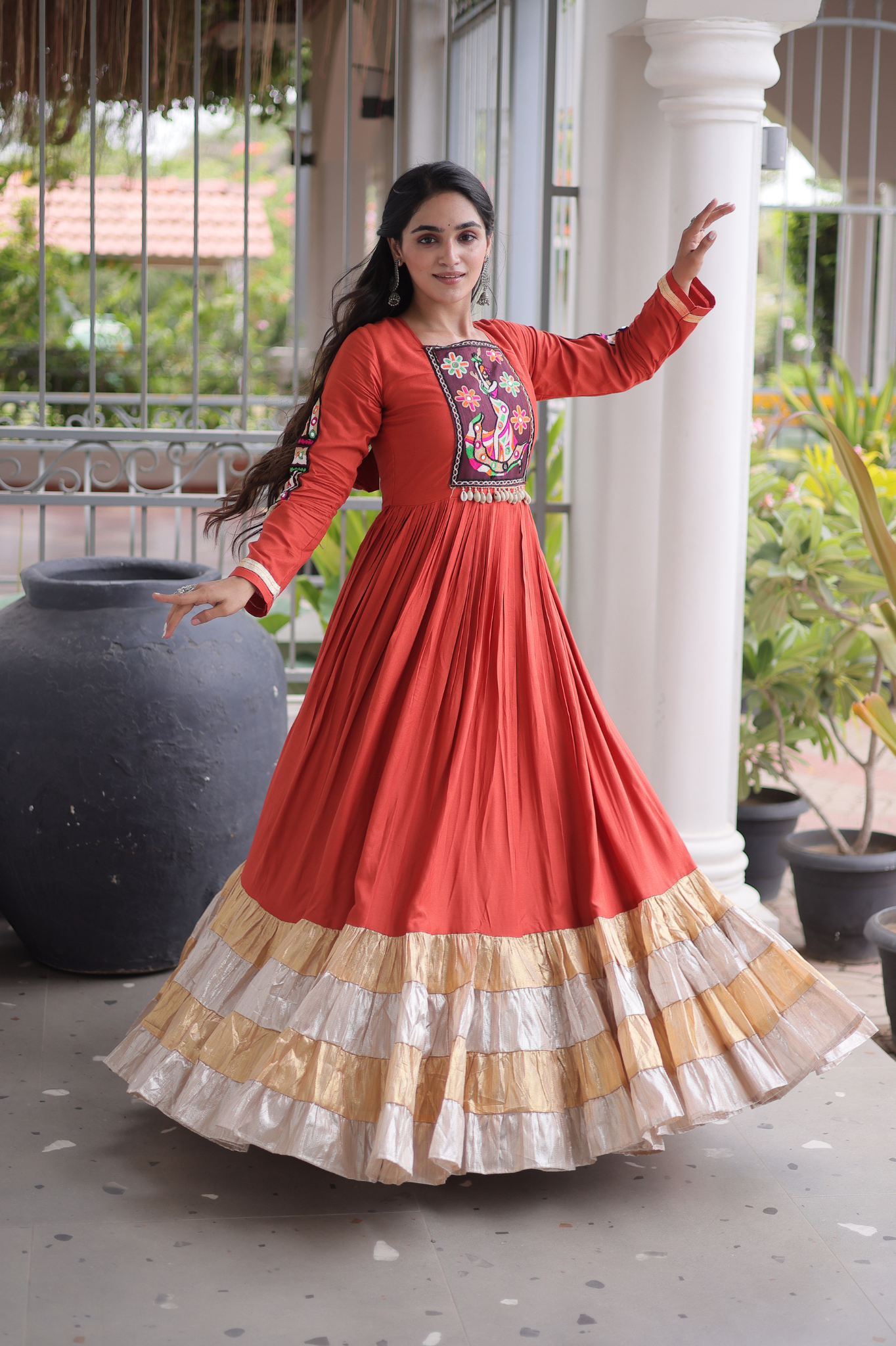Women's Handcrafted Mirror Work Tiered Anarkali Gown