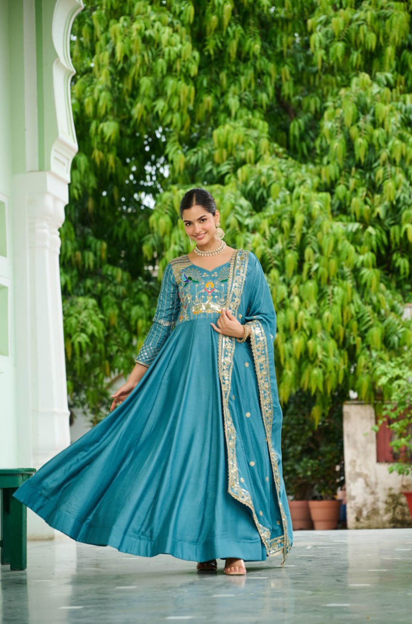 Women's Embroidered Anarkali Gown with Dupatta