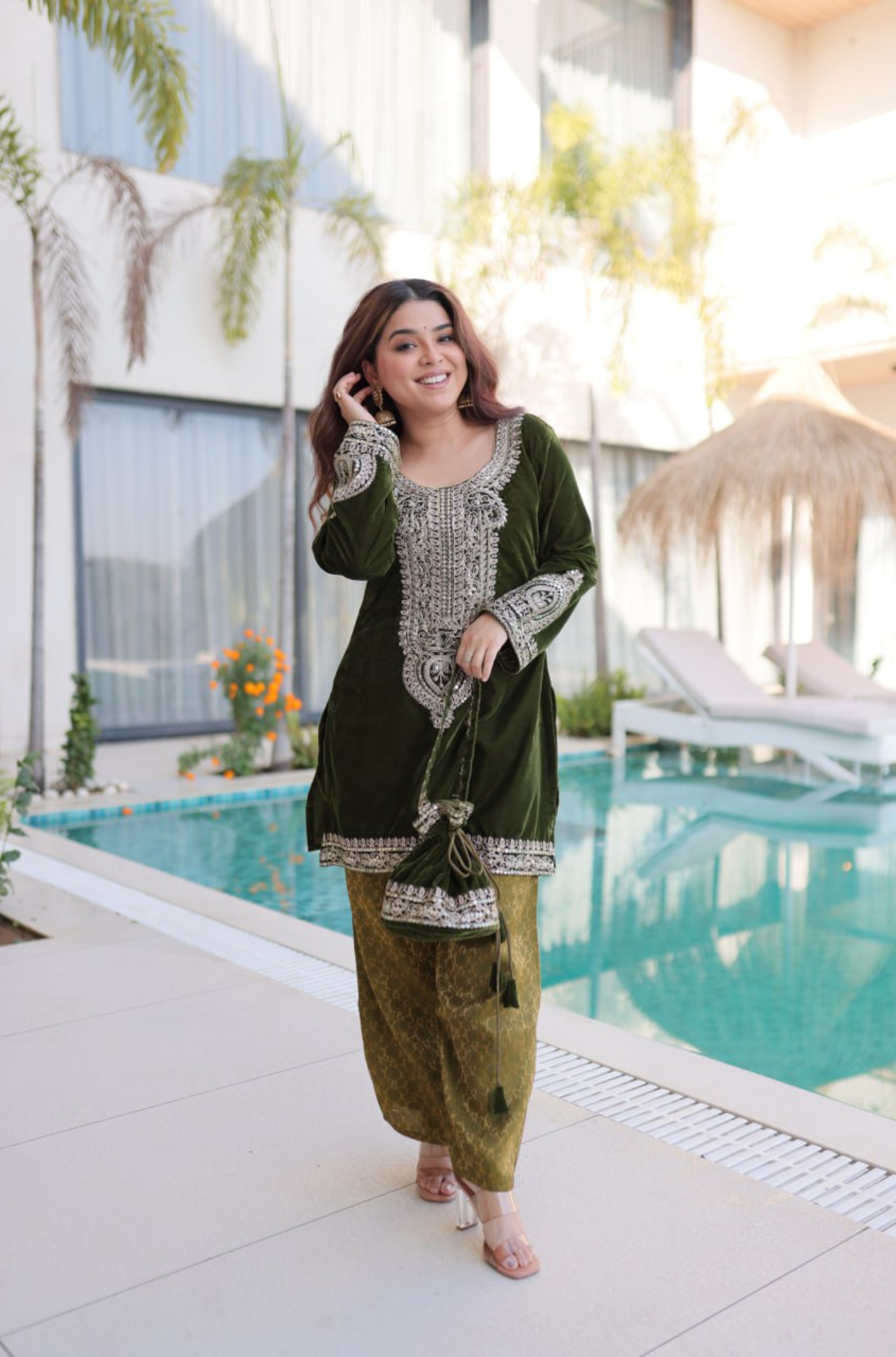 Designer Velvet Kurti Palazzo Set with Potli Bag for Women