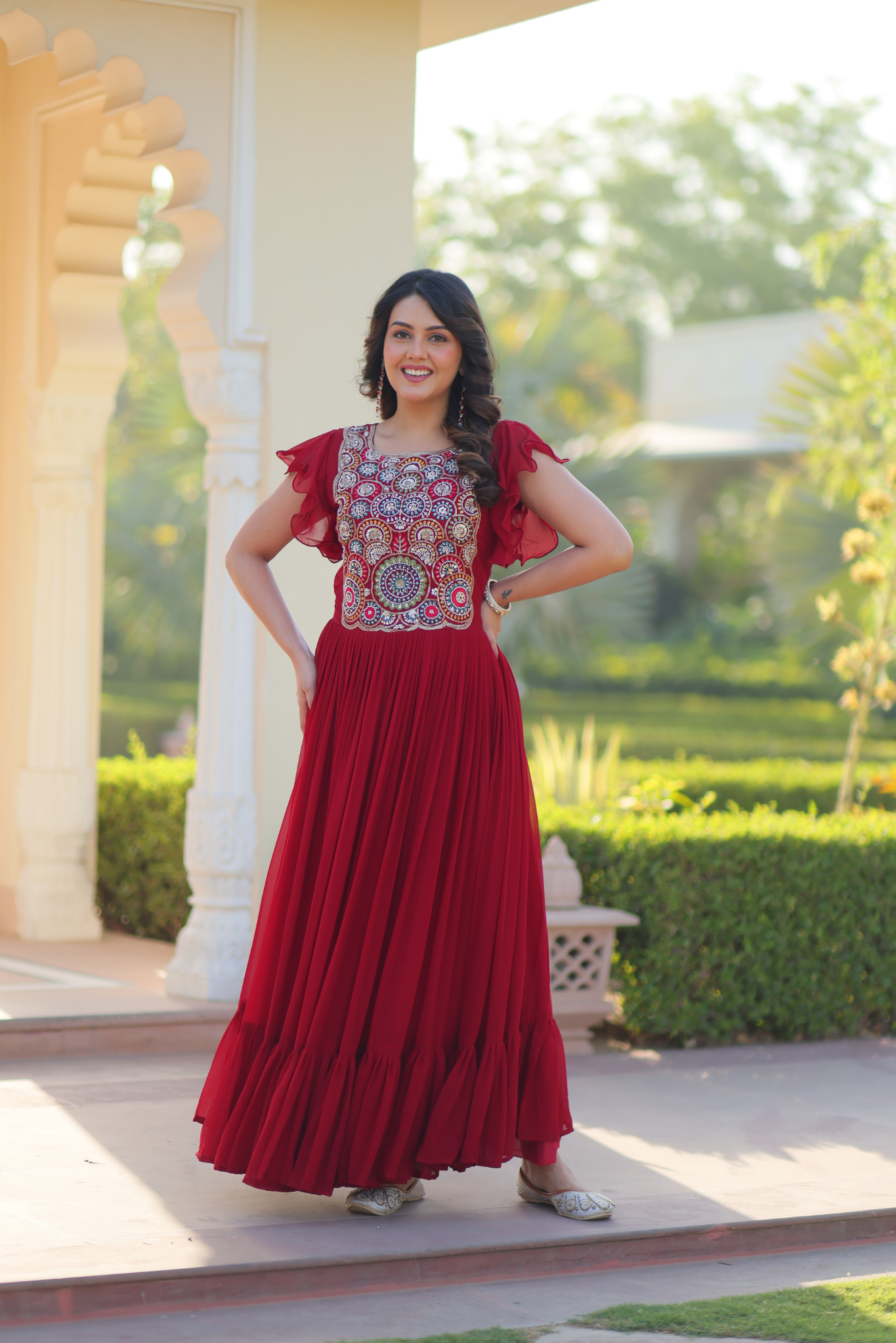 Women's Maroon Embroidered Anarkali Gown