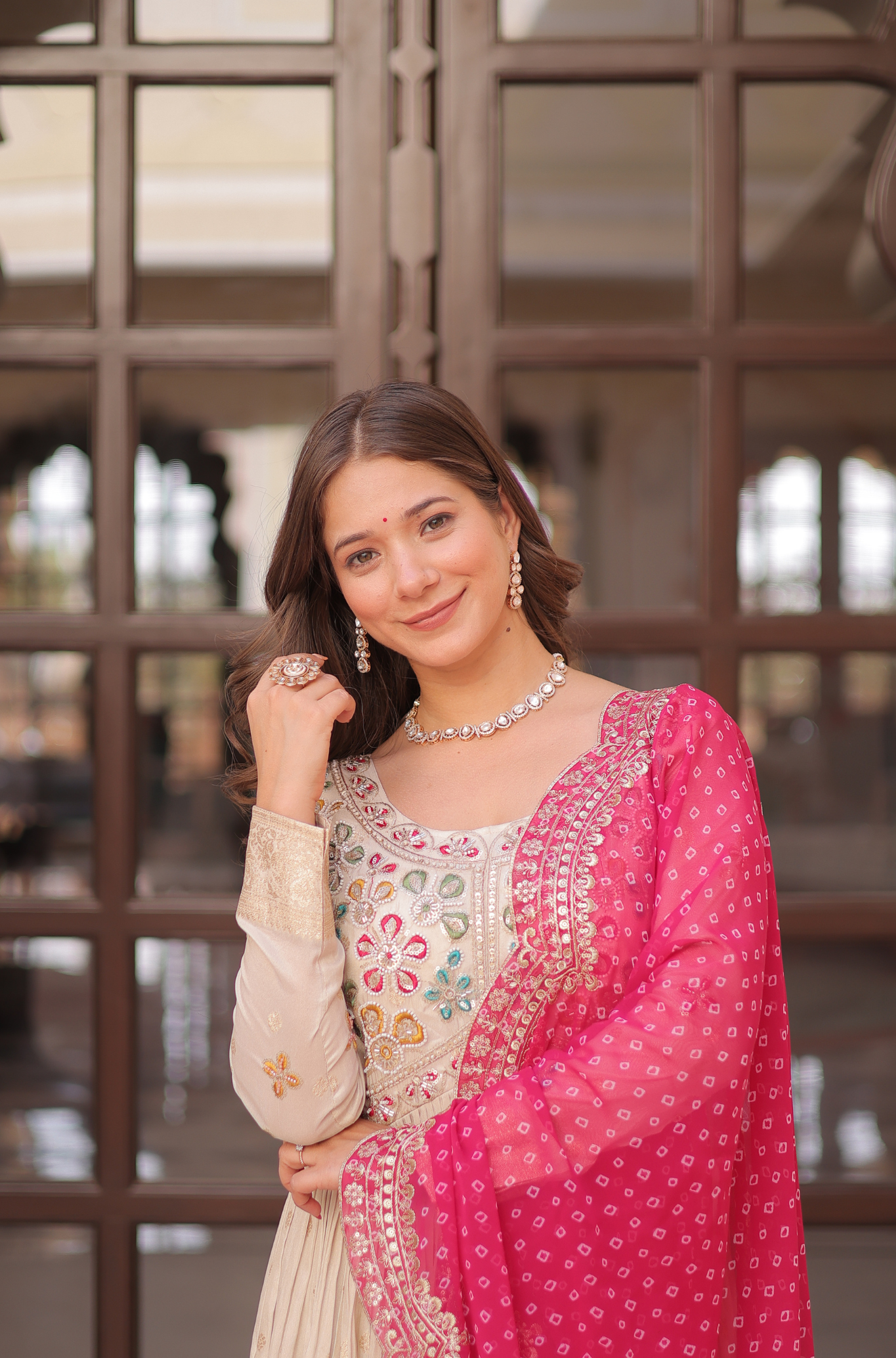 Women Mirror Embroidered Anarkali Gown with Bandhani Dupatta