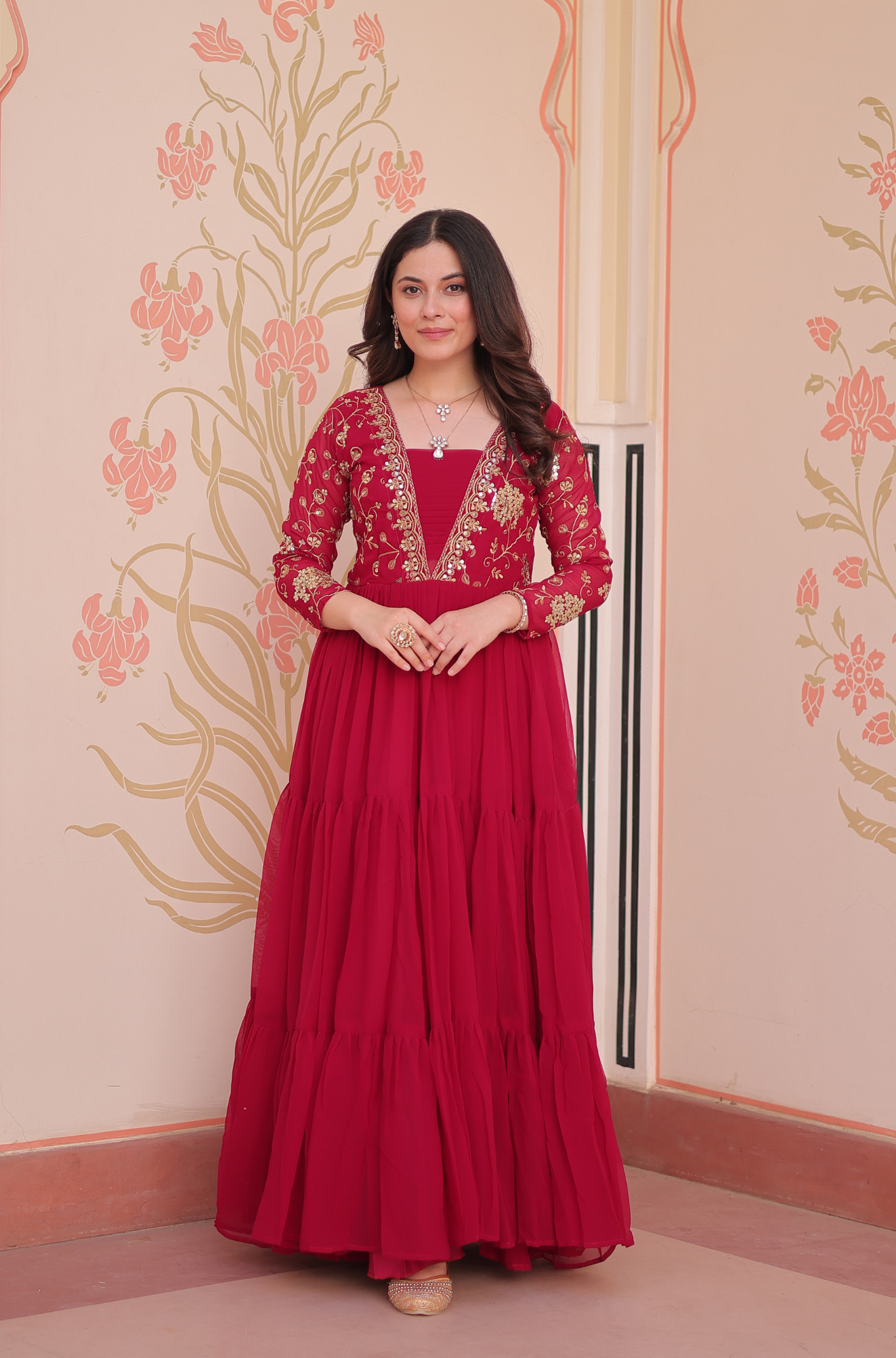 Women's Designer Embroidered Tiered Anarkali Gown
