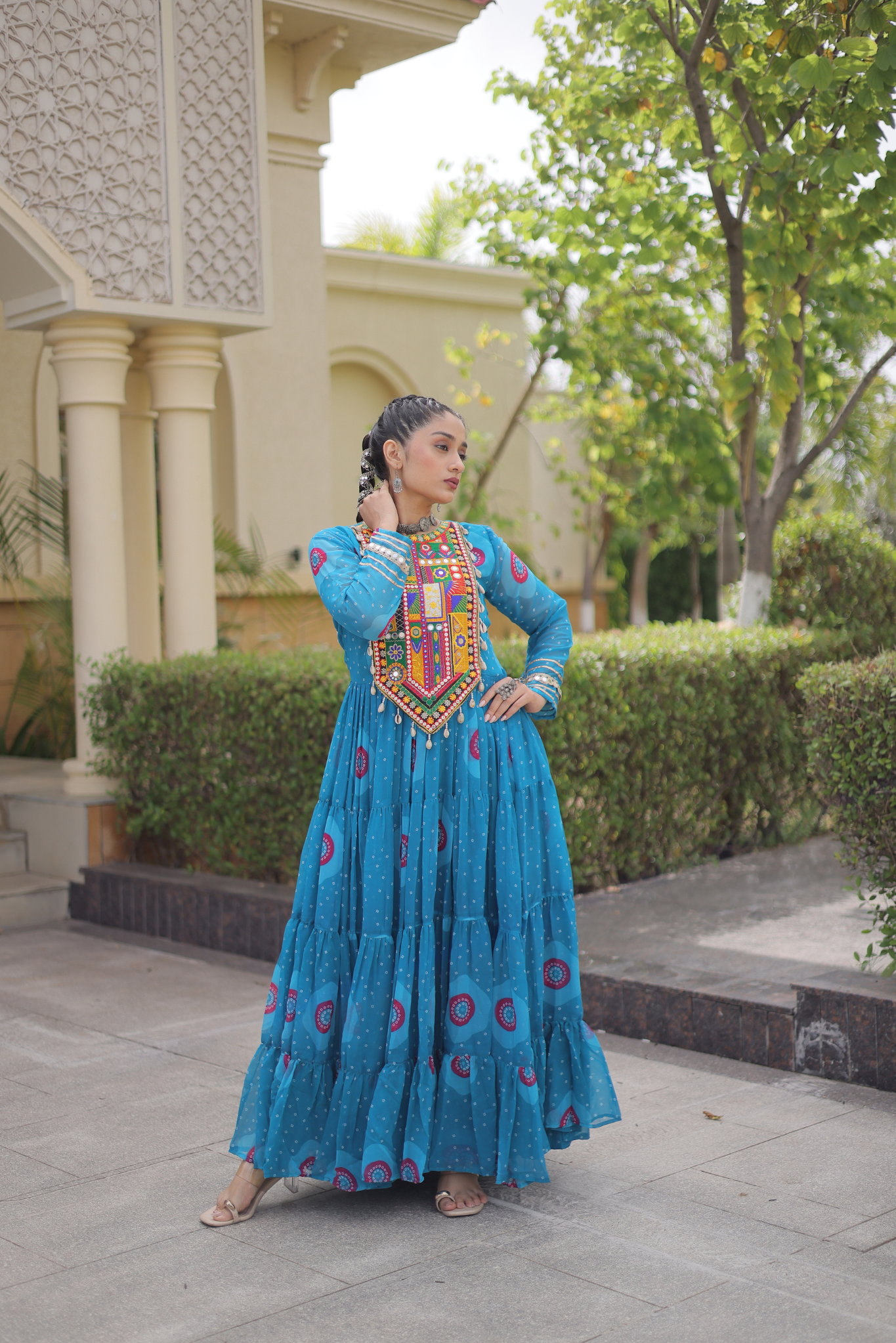 Women's Designer Kutchi Gamthi Embroidered Tiered Anarkali Gown with Mirror Work