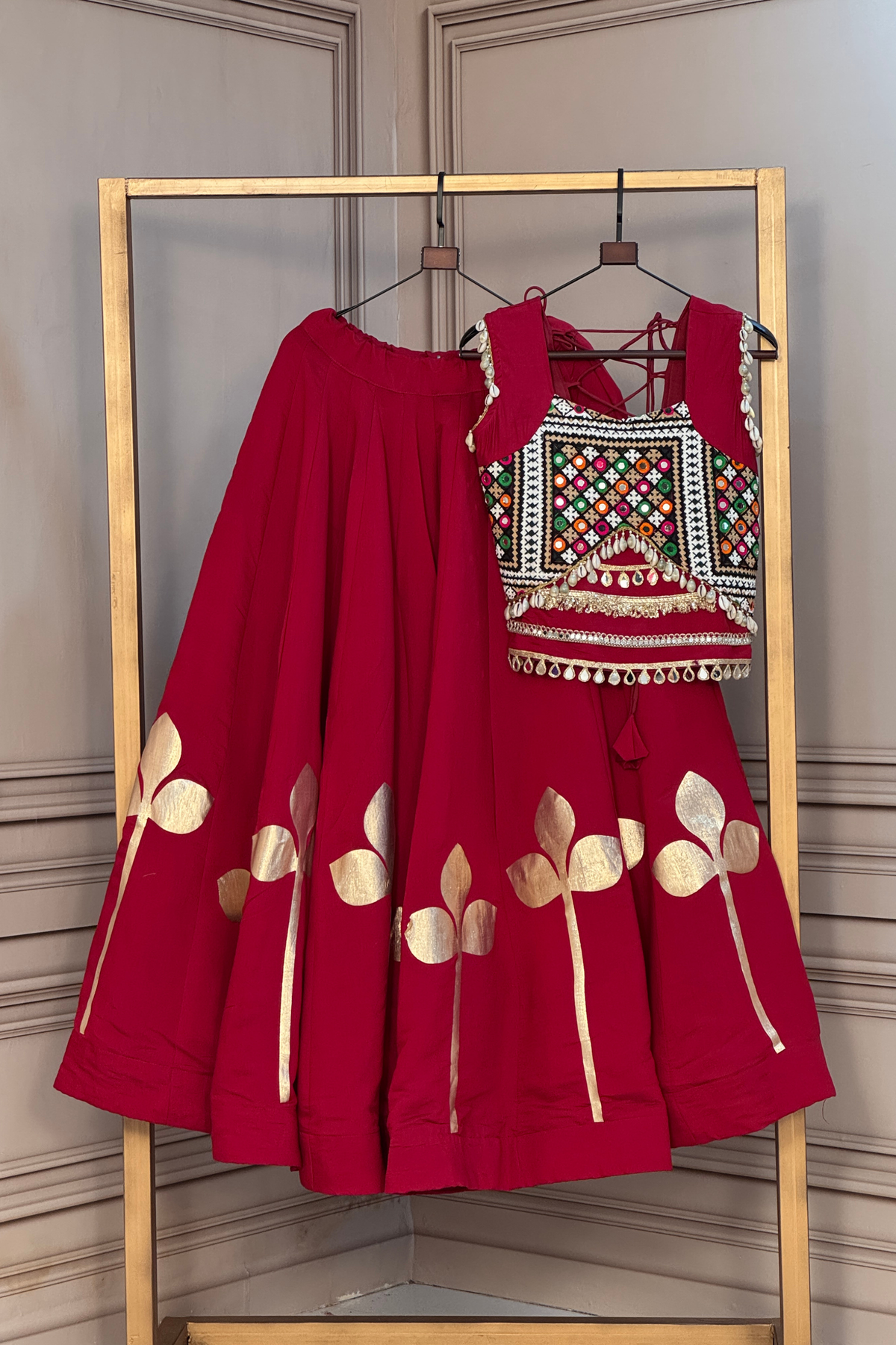 Designer Foil Printed Lehenga Choli with Mirror Work & Flared Skirt