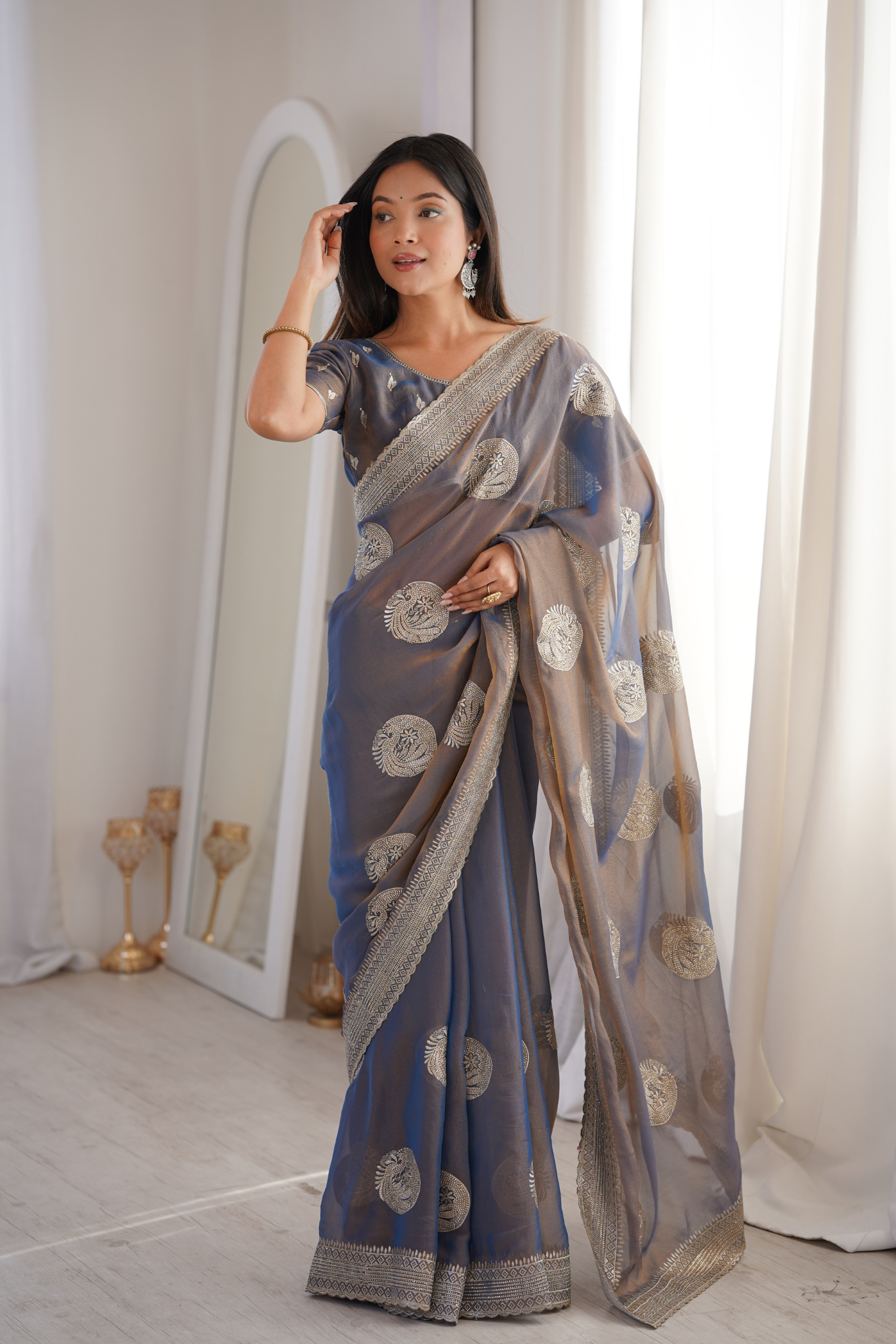 Women Organza Saree with Silver Zari Embroidery Border