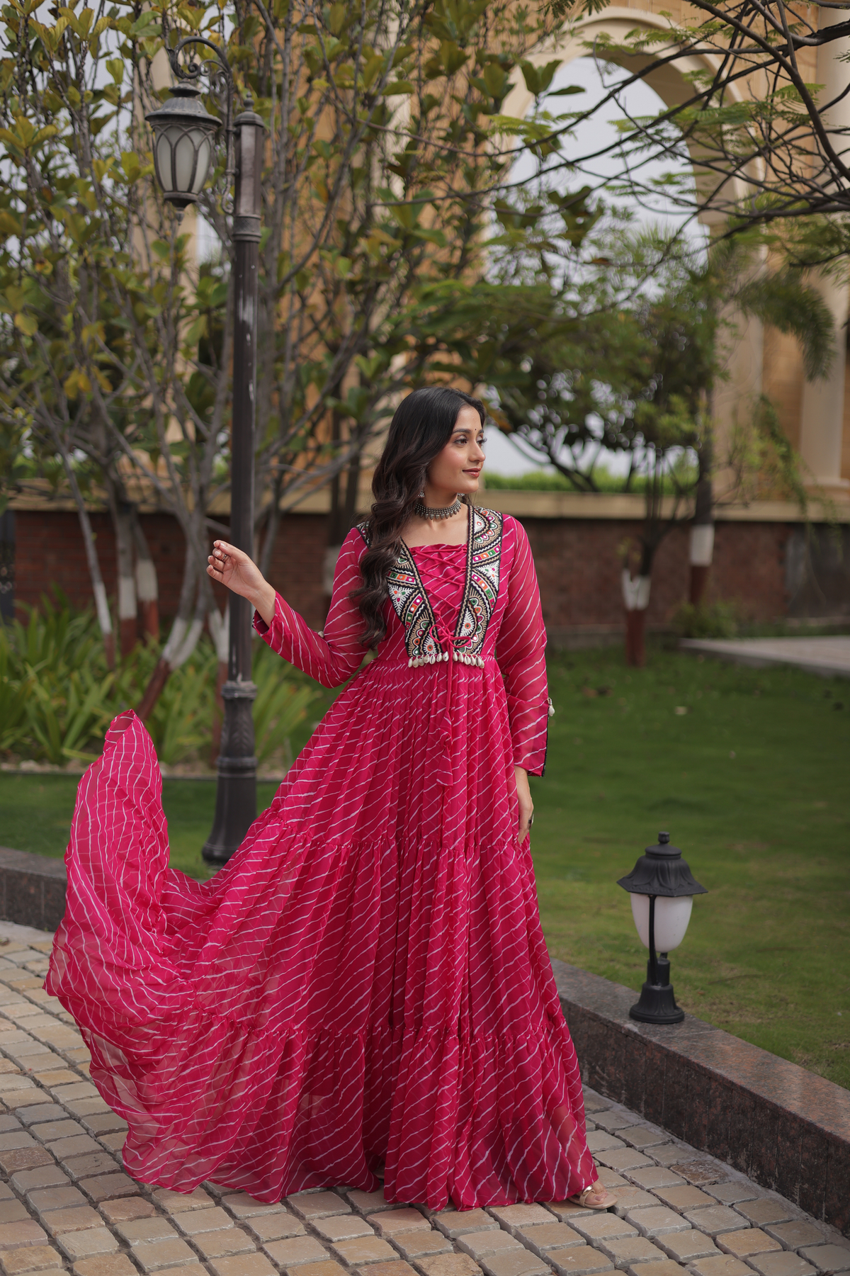 Designer Printed Anarkali Gown with Embroidered Yoke & Flared Skirt