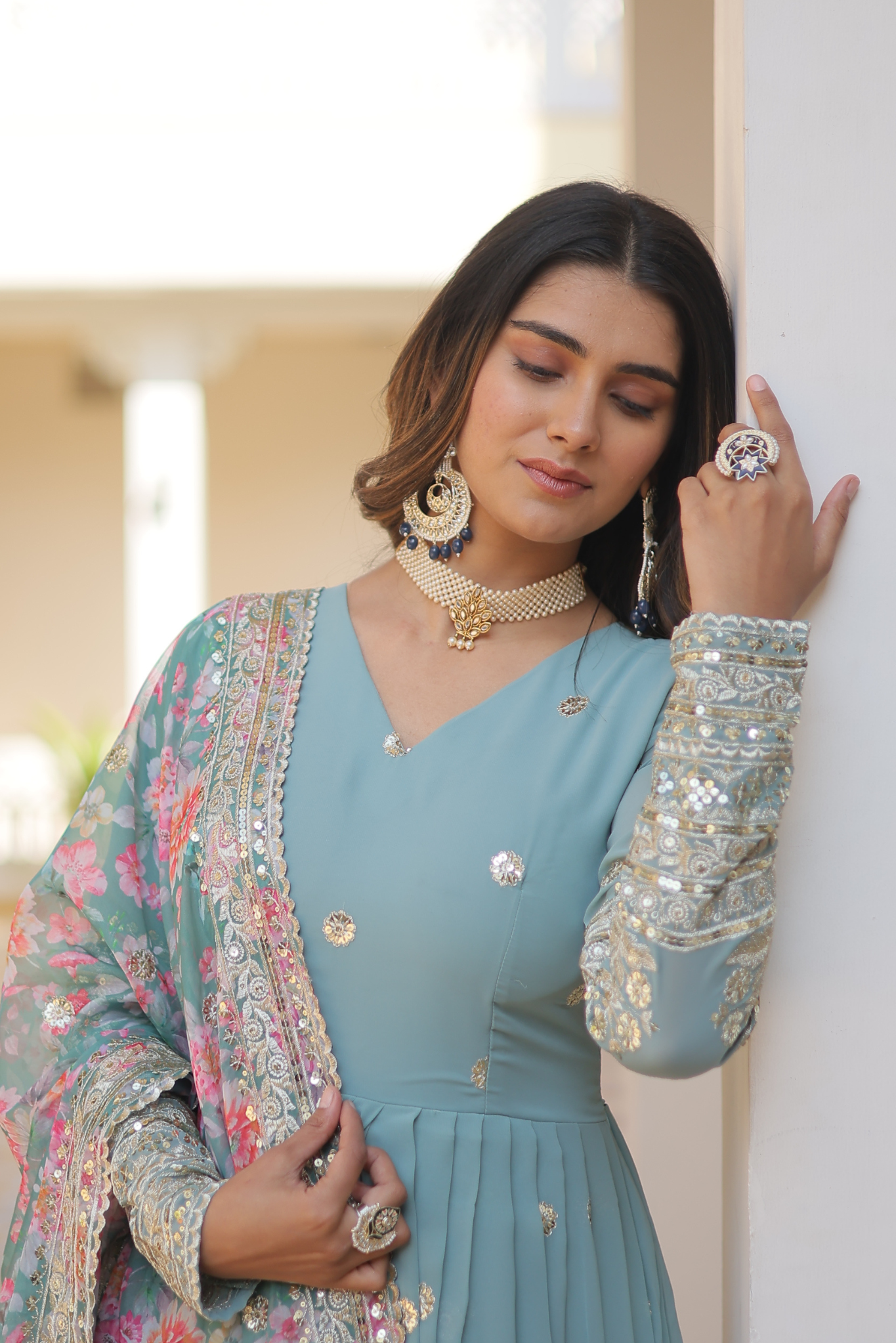 Women's Designer Sequins Embroidered Anarkali Gown with Floral Printed Dupatta