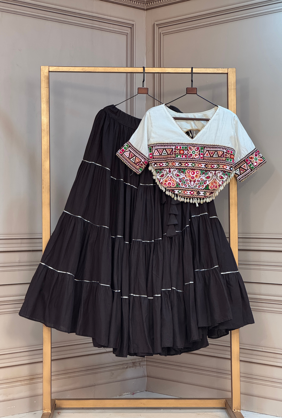 Premium Kutchi Embroidered Blouse with Gota Patti Lehenga Set