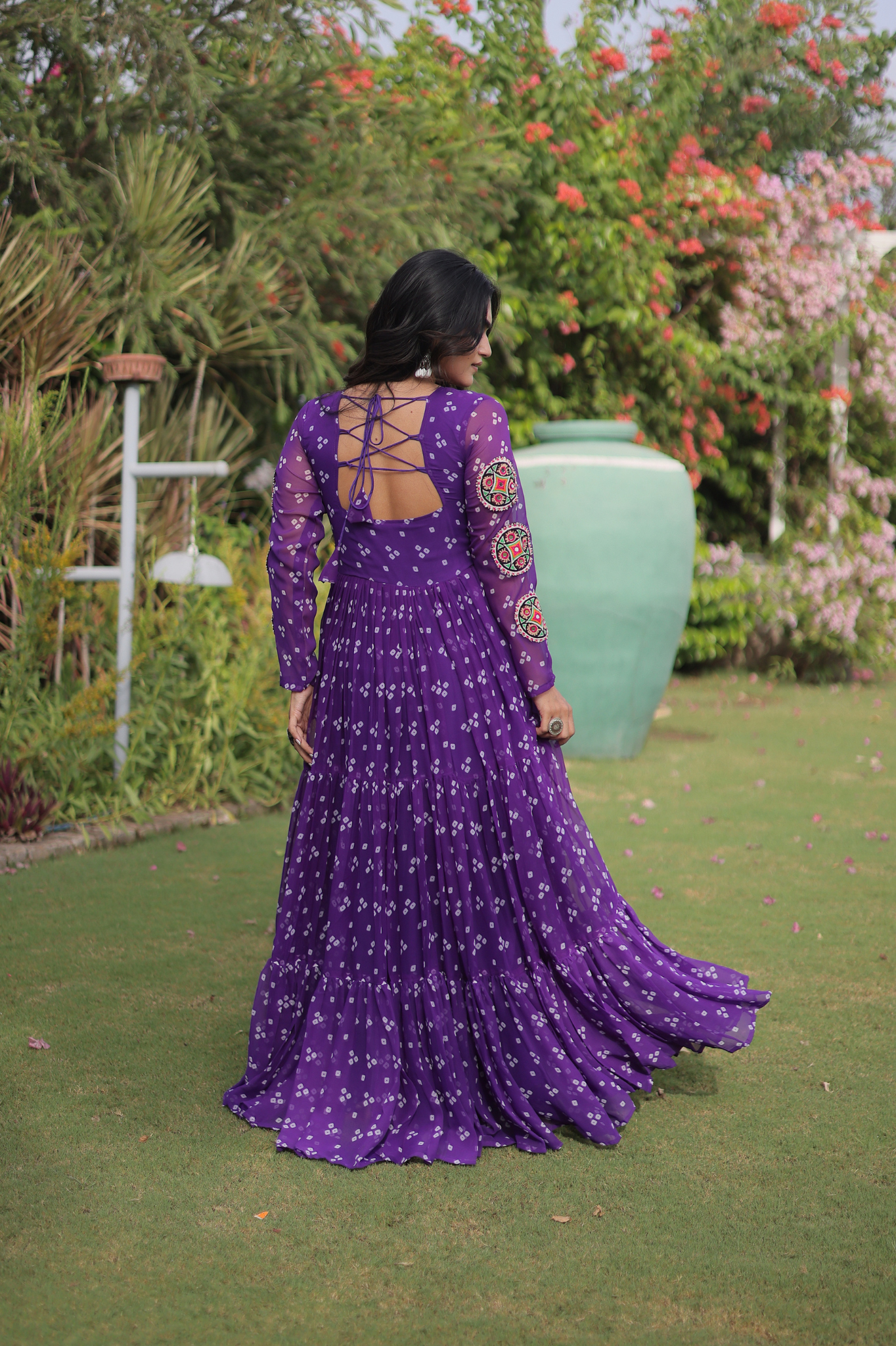Women's Handcrafted Mirror Work Tiered Anarkali Gown