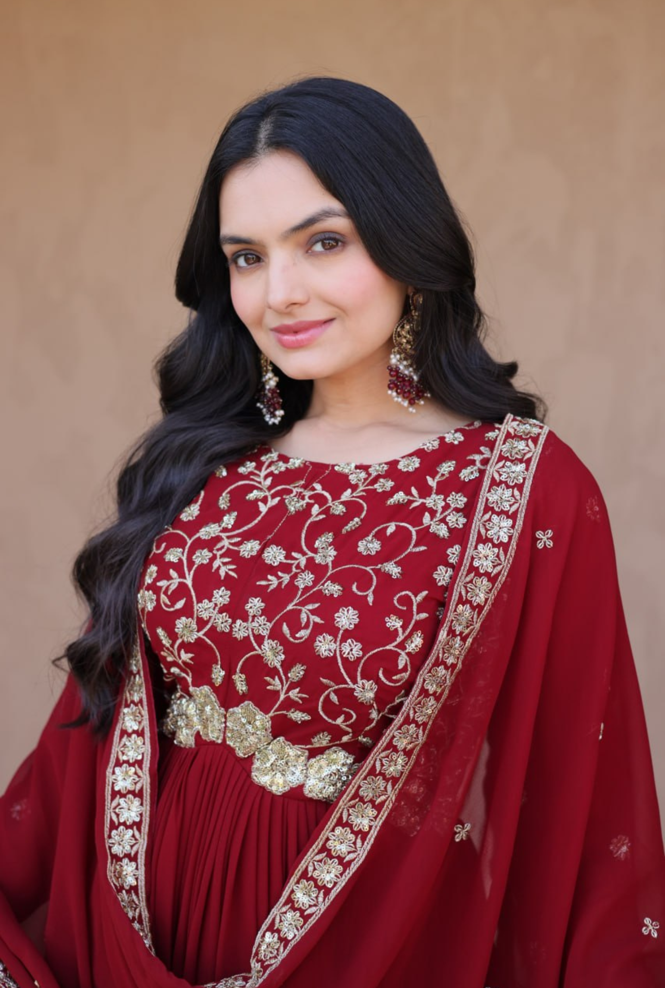 Women Embroidered Faux Blooming Anarkali Gown with Dupatta