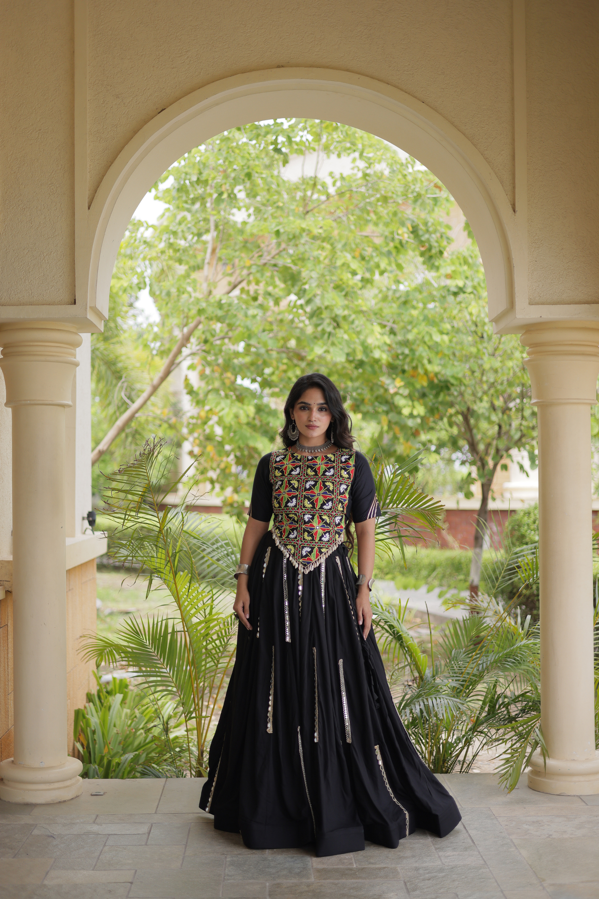 Designer Navratri Chaniya Choli with Embroidered Yoke & Mirror Work