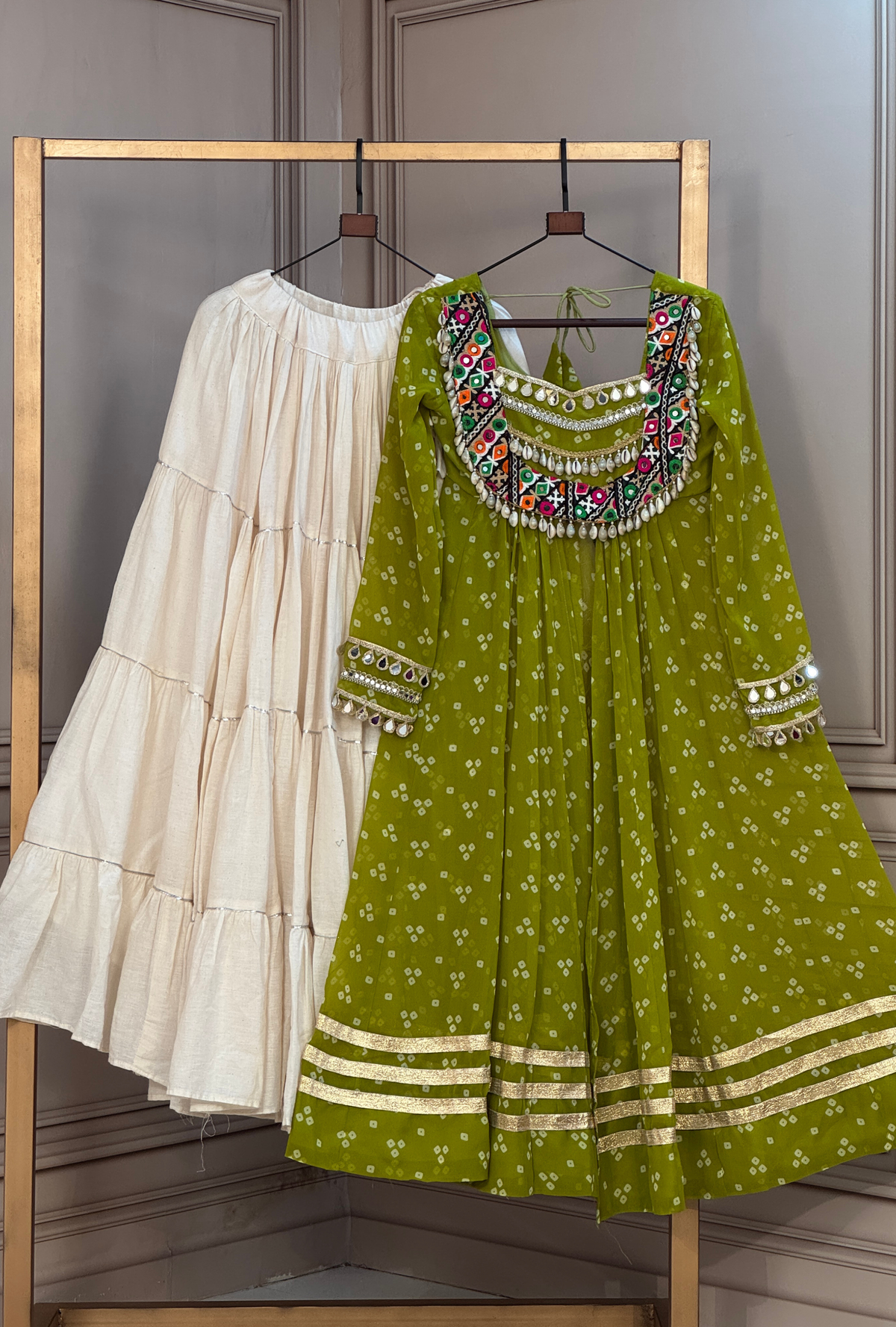 Premium Bandhani shrug with Kutchi Mirror Work & Gota Lace Detailing lehenga