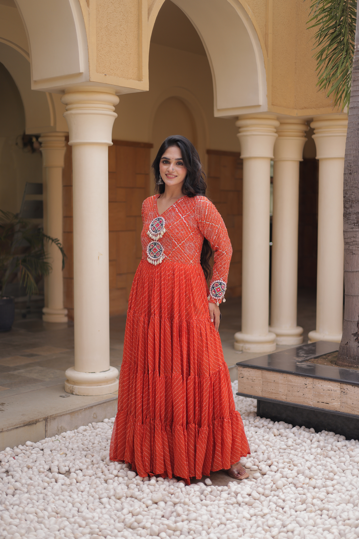 Navratri Special Bandhani Anarkali Gown with Mirror Work & Traditional Embroidered Yoke