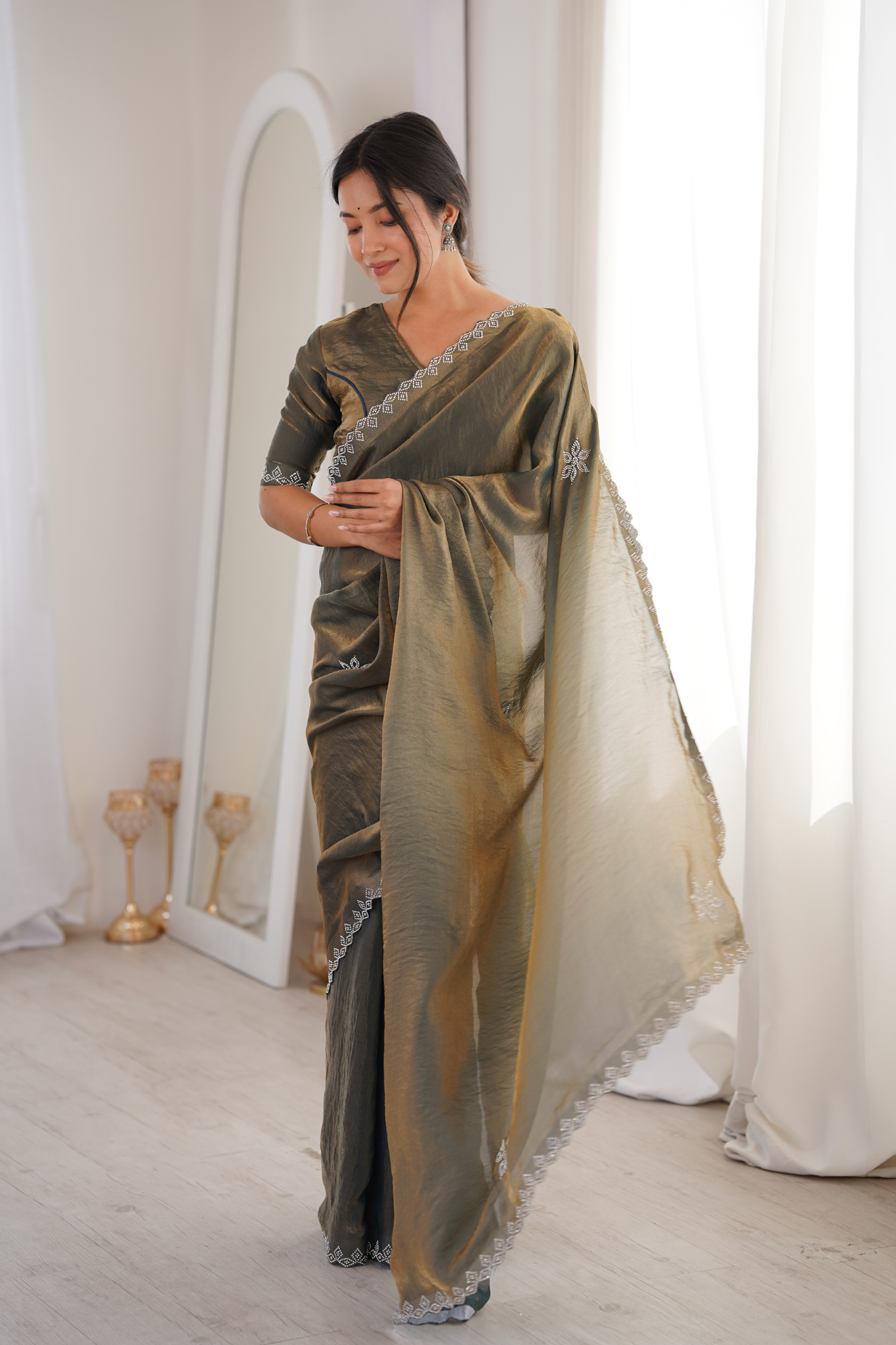Women Tissue Silk Saree with Silver Border Embroidery