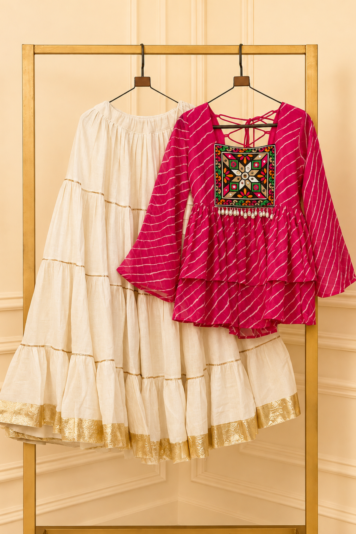 Women’s Ethnic Skirt Top Set with Bandhani Print & Kutchi Embroidery | Festive Wear