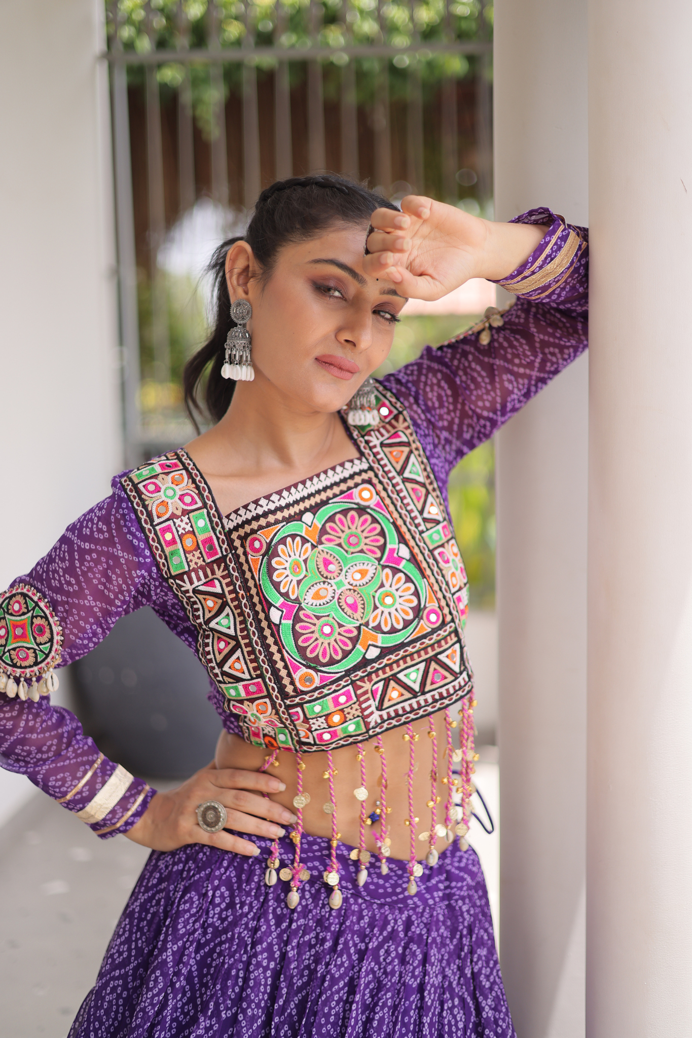 Women's Bandhani Printed Navratri Lehenga Choli Set with Kutchi Gamthi Embroidered Mirror Work Blouse