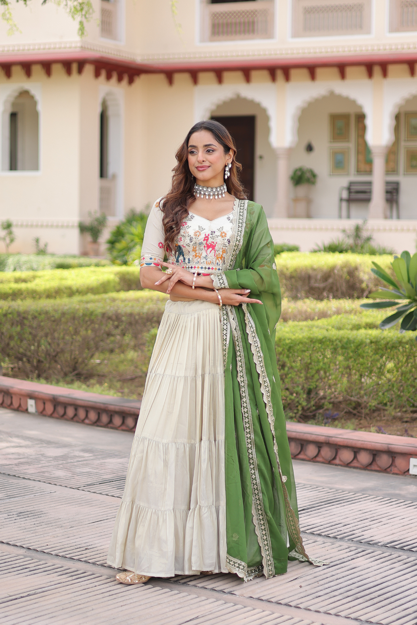 Women's Ivory Embroidered Lehenga Choli with Dupatta Lehenga Set