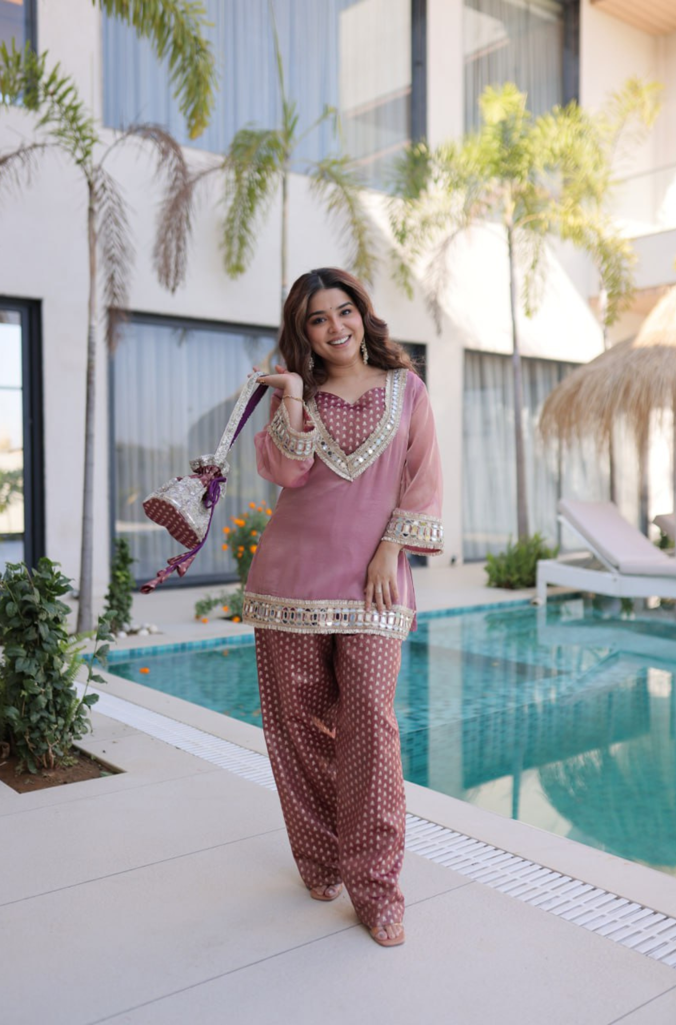 Women's Mirror Work Co-ord Set with Pant & Batwa