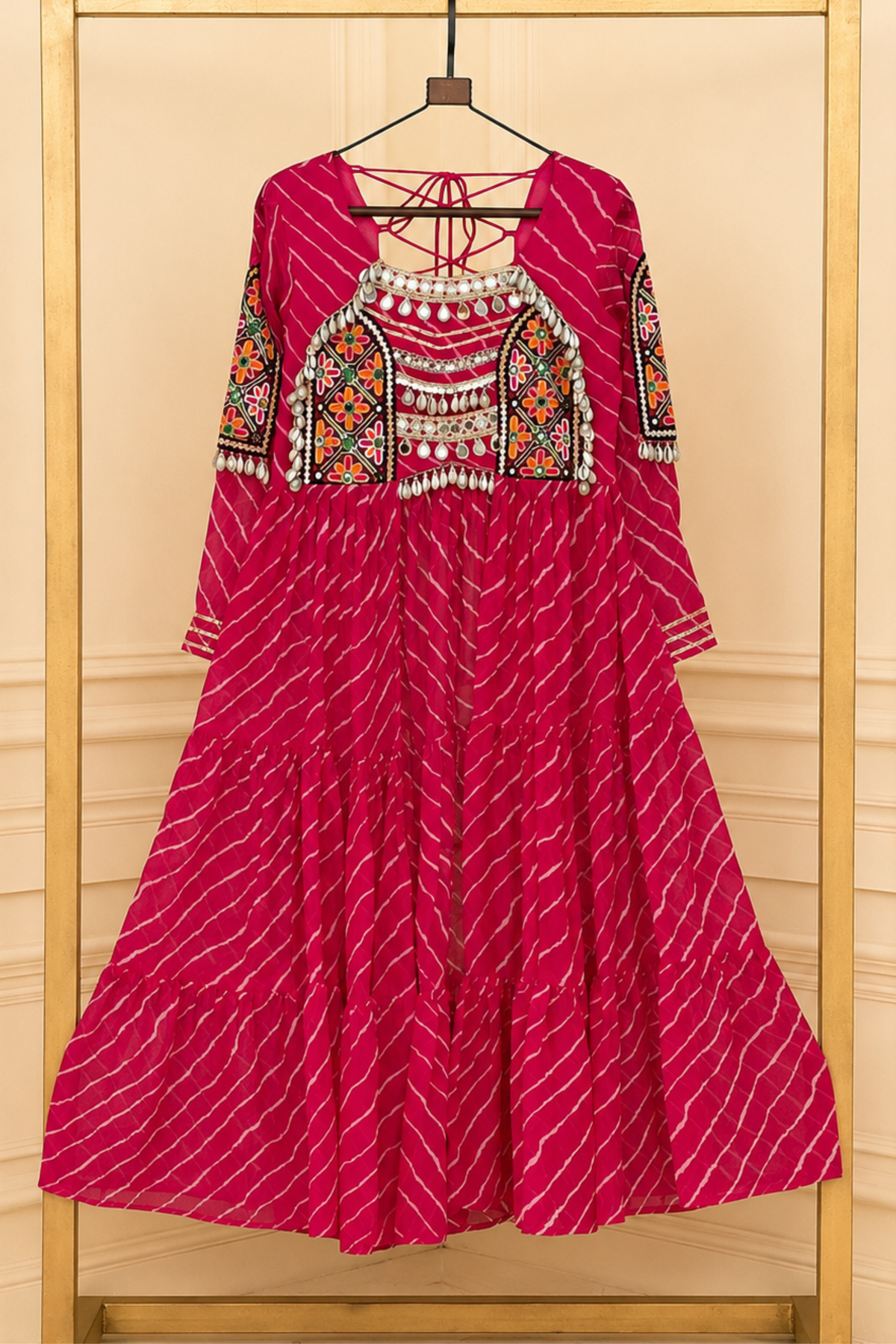 Women’s Ethnic Anarkali Gown with Bandhani Print & Embroidered Kutchi Work | Festive Wear