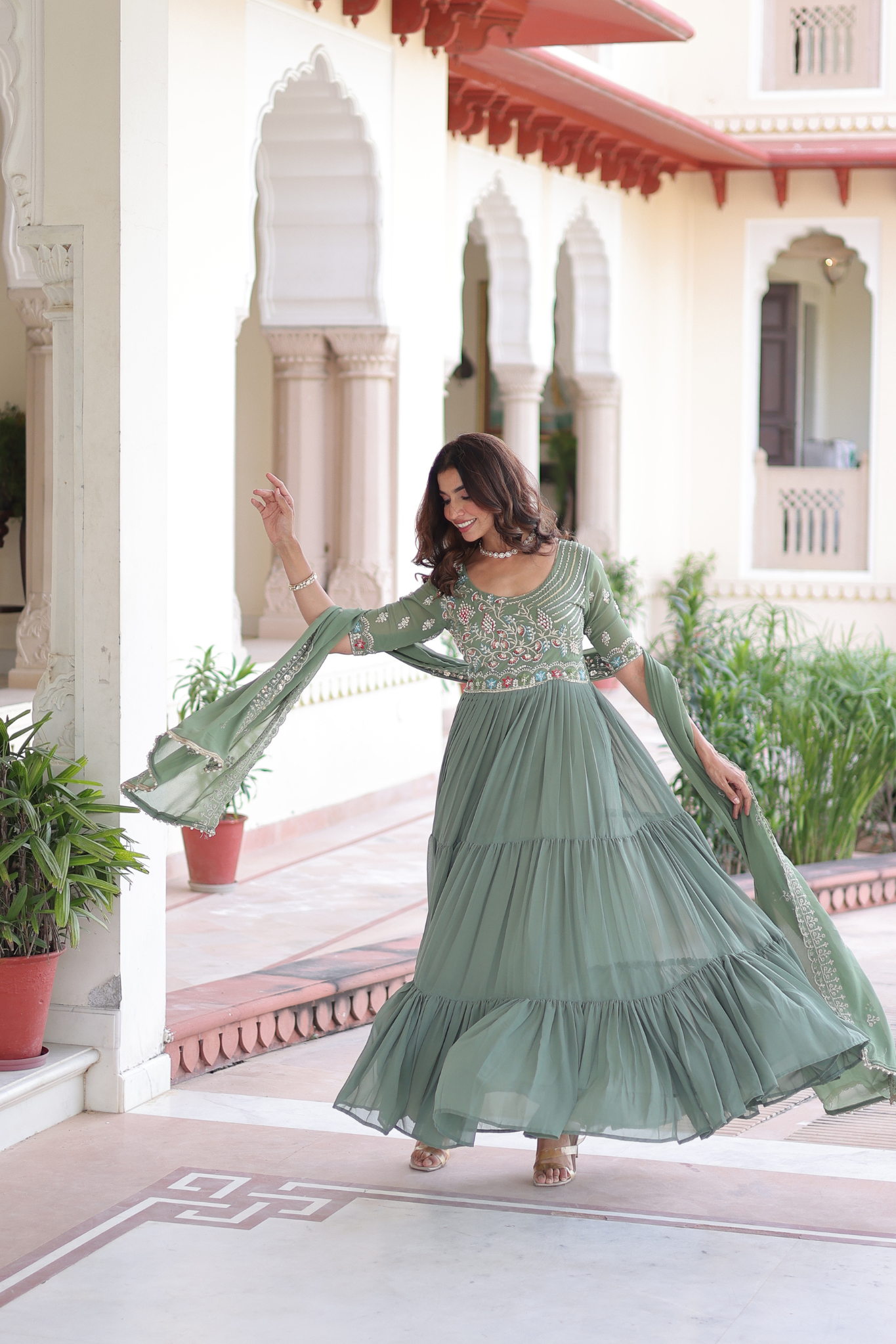 Women's Pista Green Embroidered Anarkali Gown with Dupatta