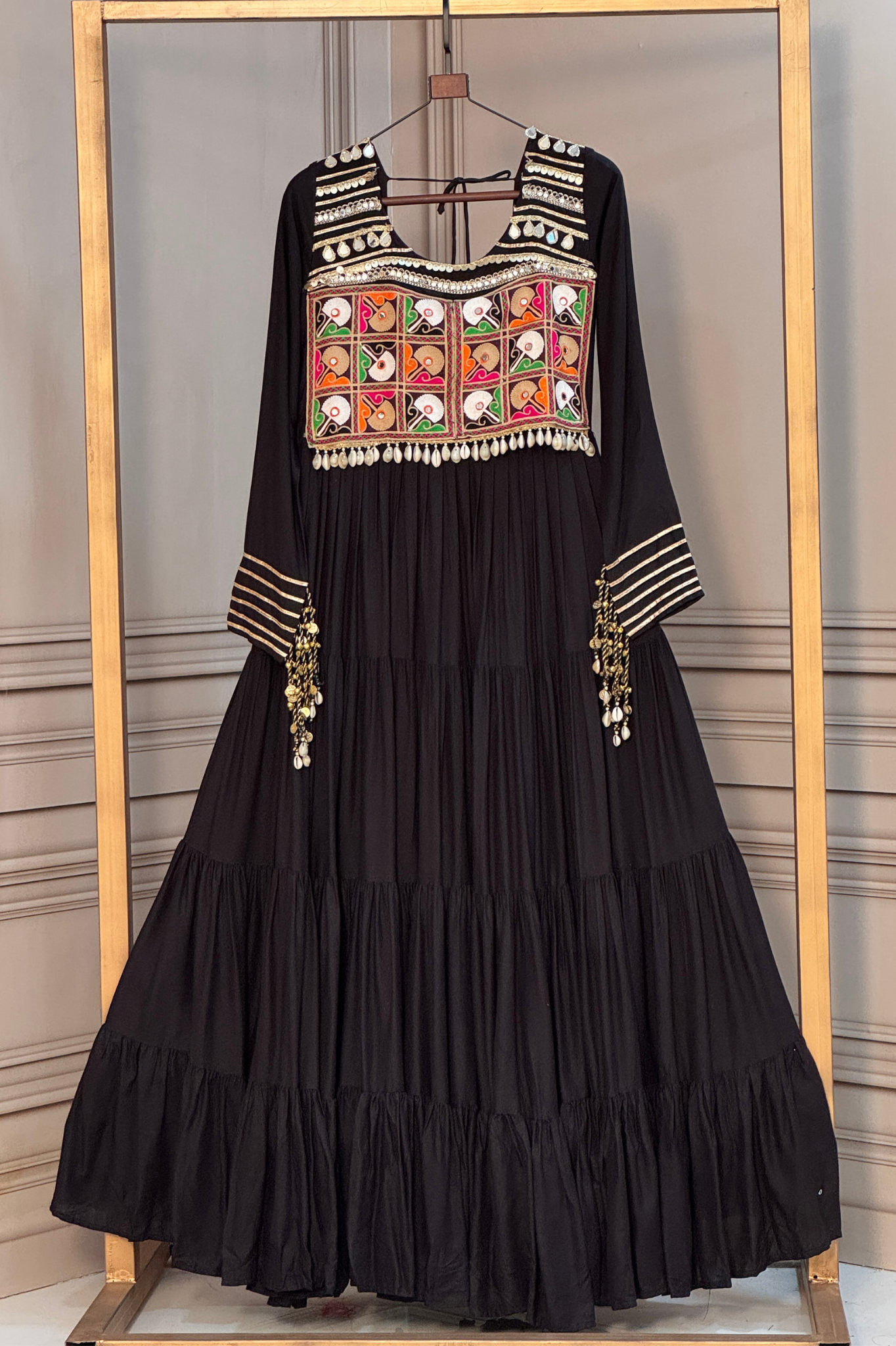 Women's Handcrafted Mirror Work Tiered Anarkali Gown