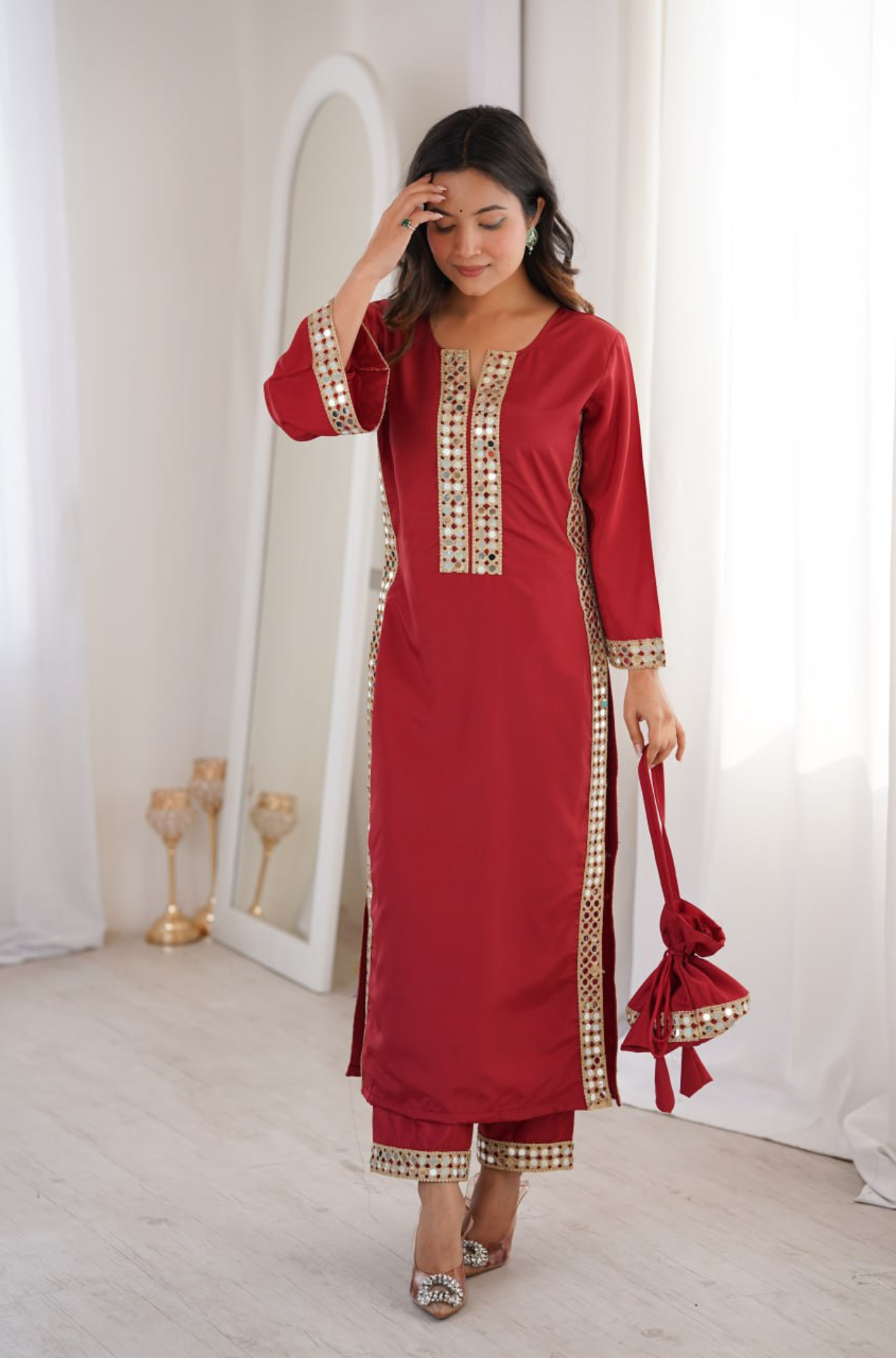 Women's Mirror Work Kurti Pant Set with Batwa Bag
