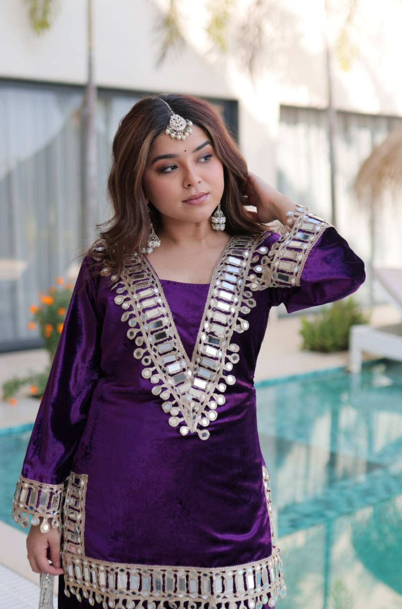 Velvet Mirror Work Kurti Palazzo Set with Batwa