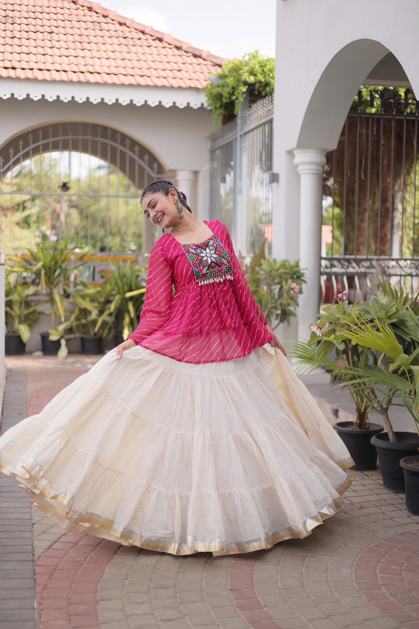 Women's Designer Kutchi Gamthi Peplum Top with Tiered Lehenga Skirt Set