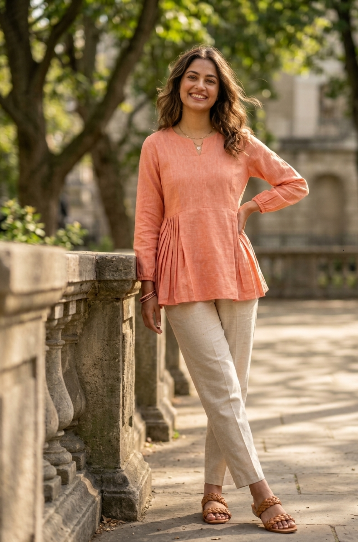 Women's Pleated Peplum Top with Straight Pants Co-Ord Set