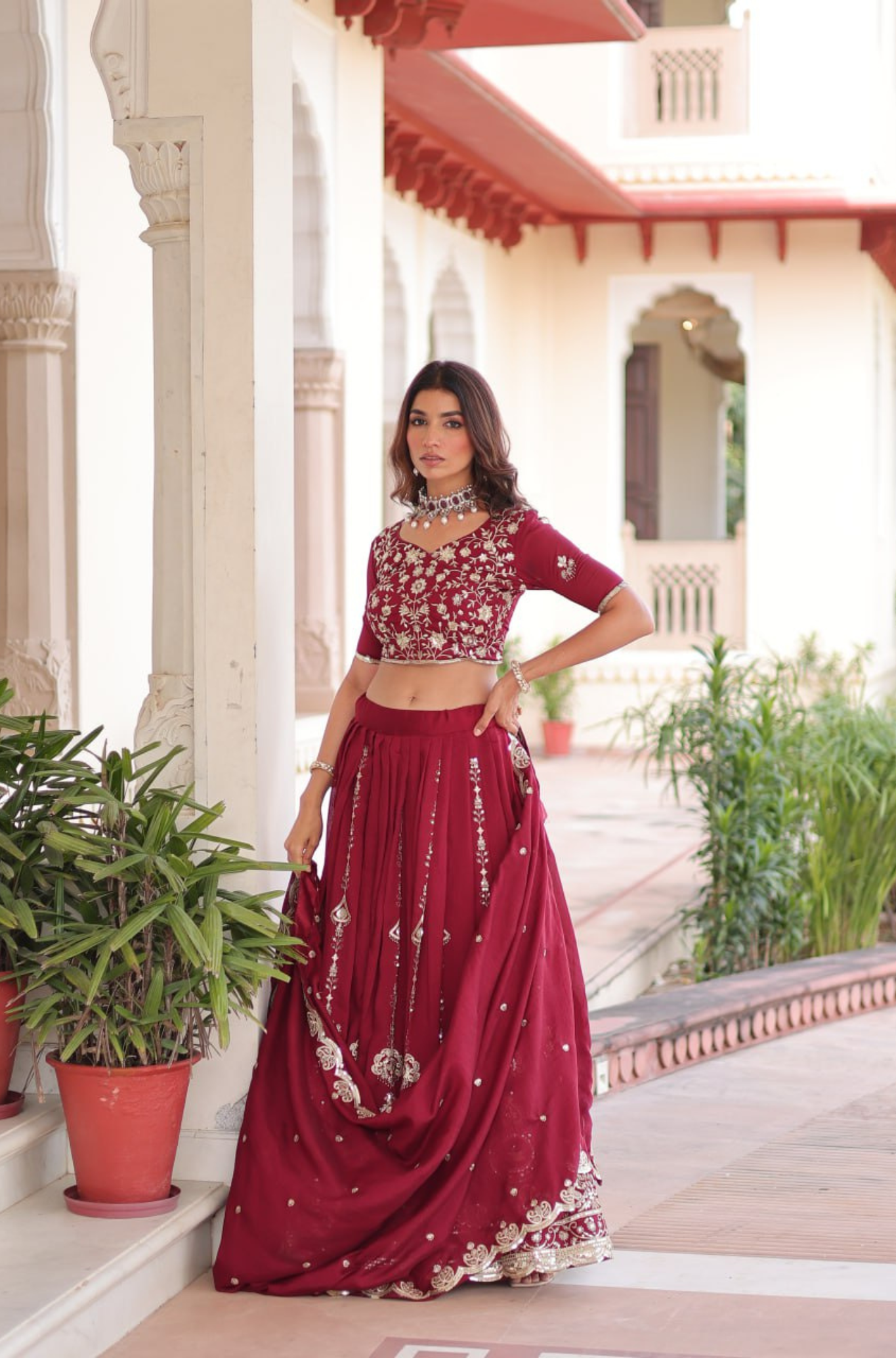 Traditional Maroon Bridal Embroidered Lehenga Choli Set for Women