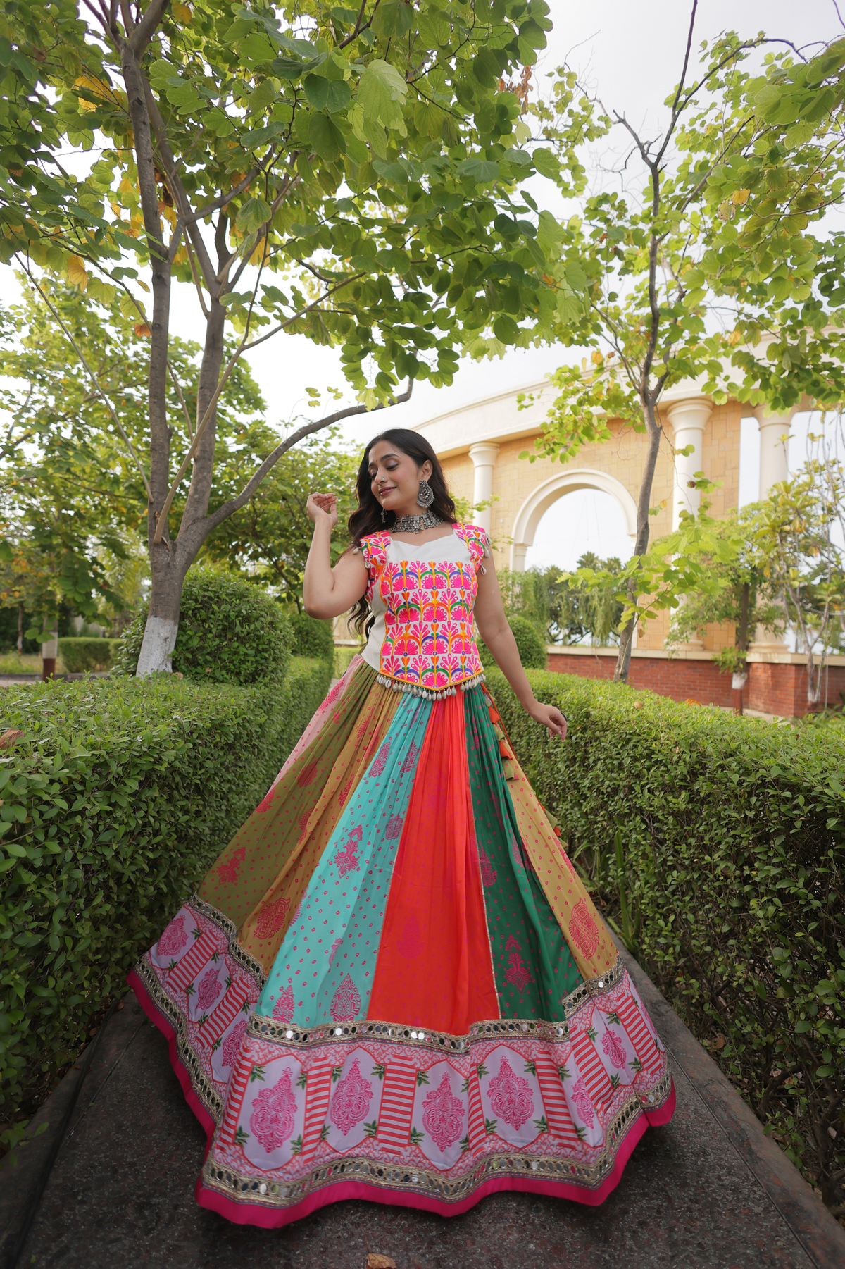 Designer Embroidered Choli with Printed Panelled Flared Lehenga