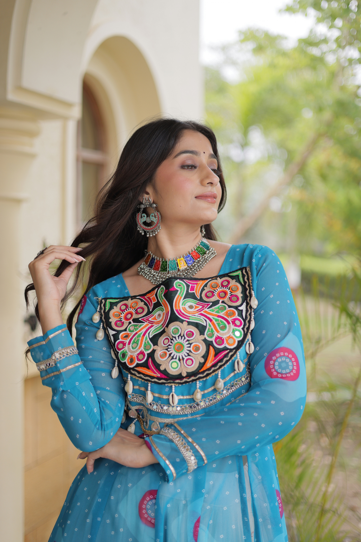 Designer Navratri Lehenga with Traditional Embellished Shrug & Flared Skirt