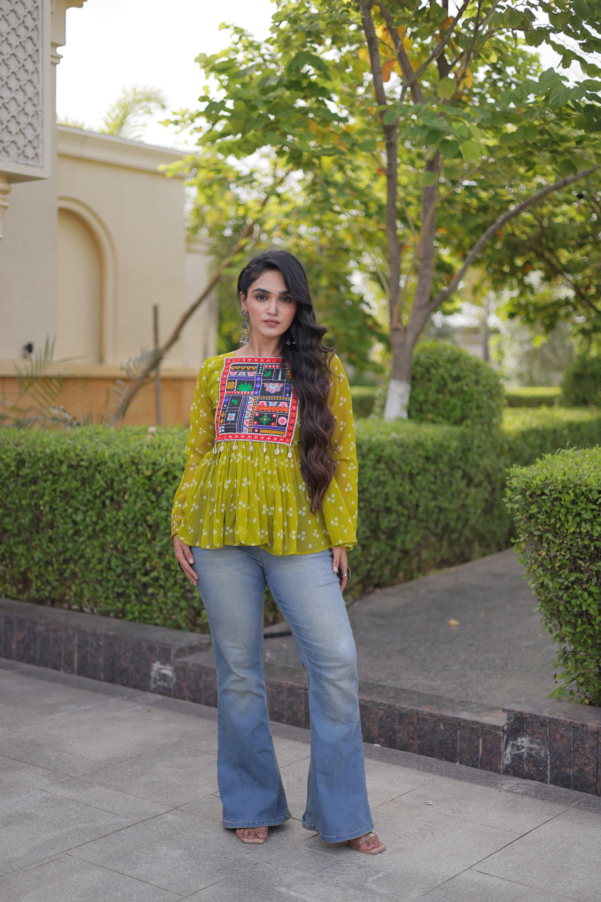 Designer Printed Peplum Top with Embroidered Yoke & Flared Hem