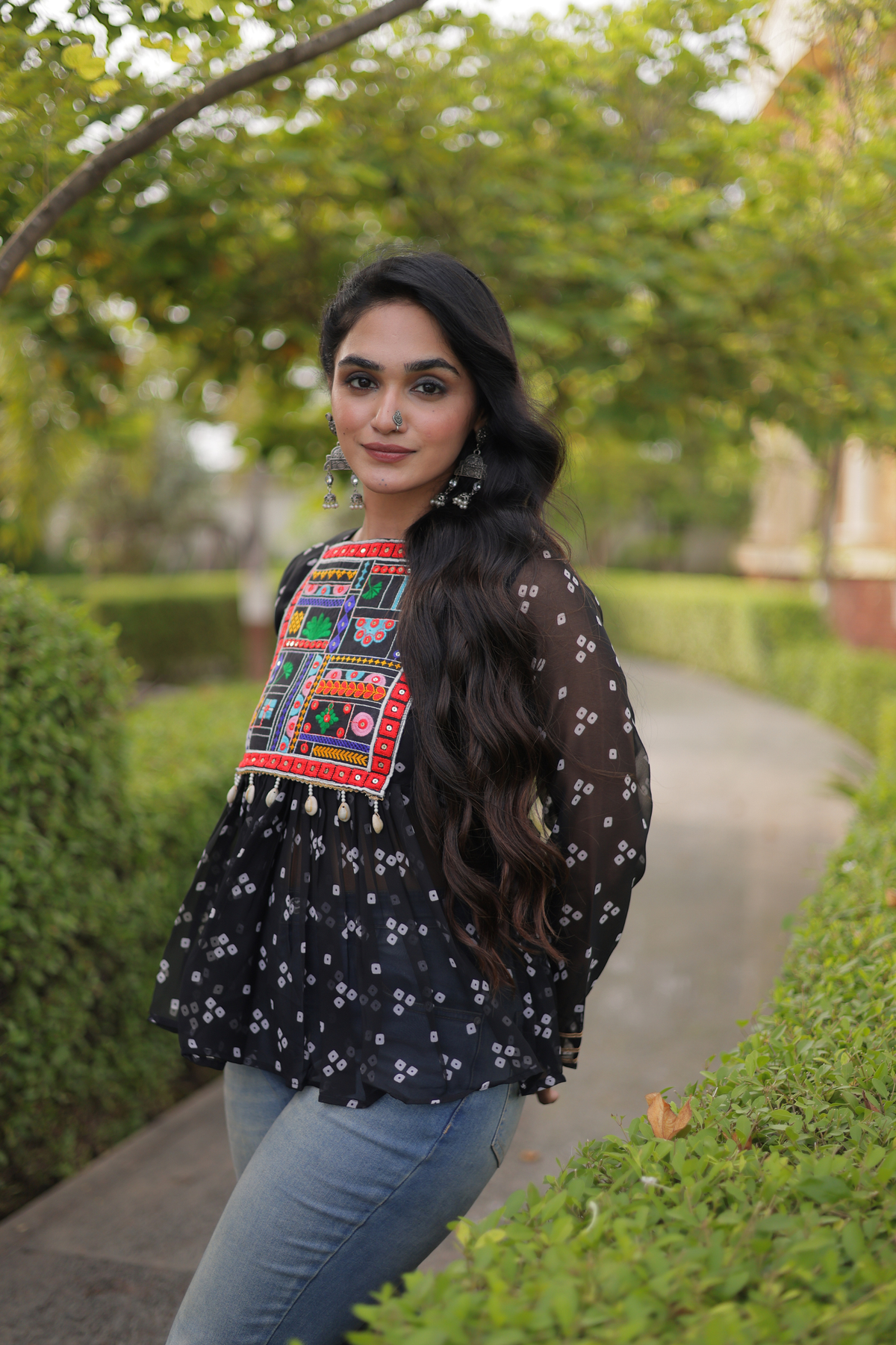 Designer Printed Peplum Top with Embroidered Yoke & Flared Hem