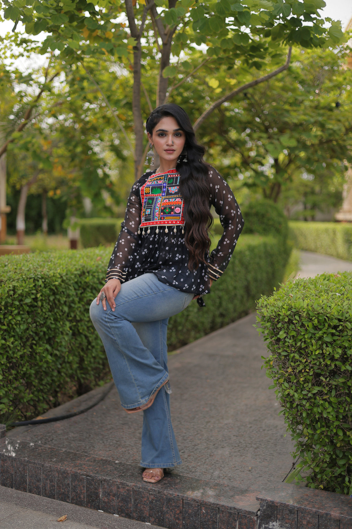 Designer Printed Peplum Top with Embroidered Yoke & Flared Hem