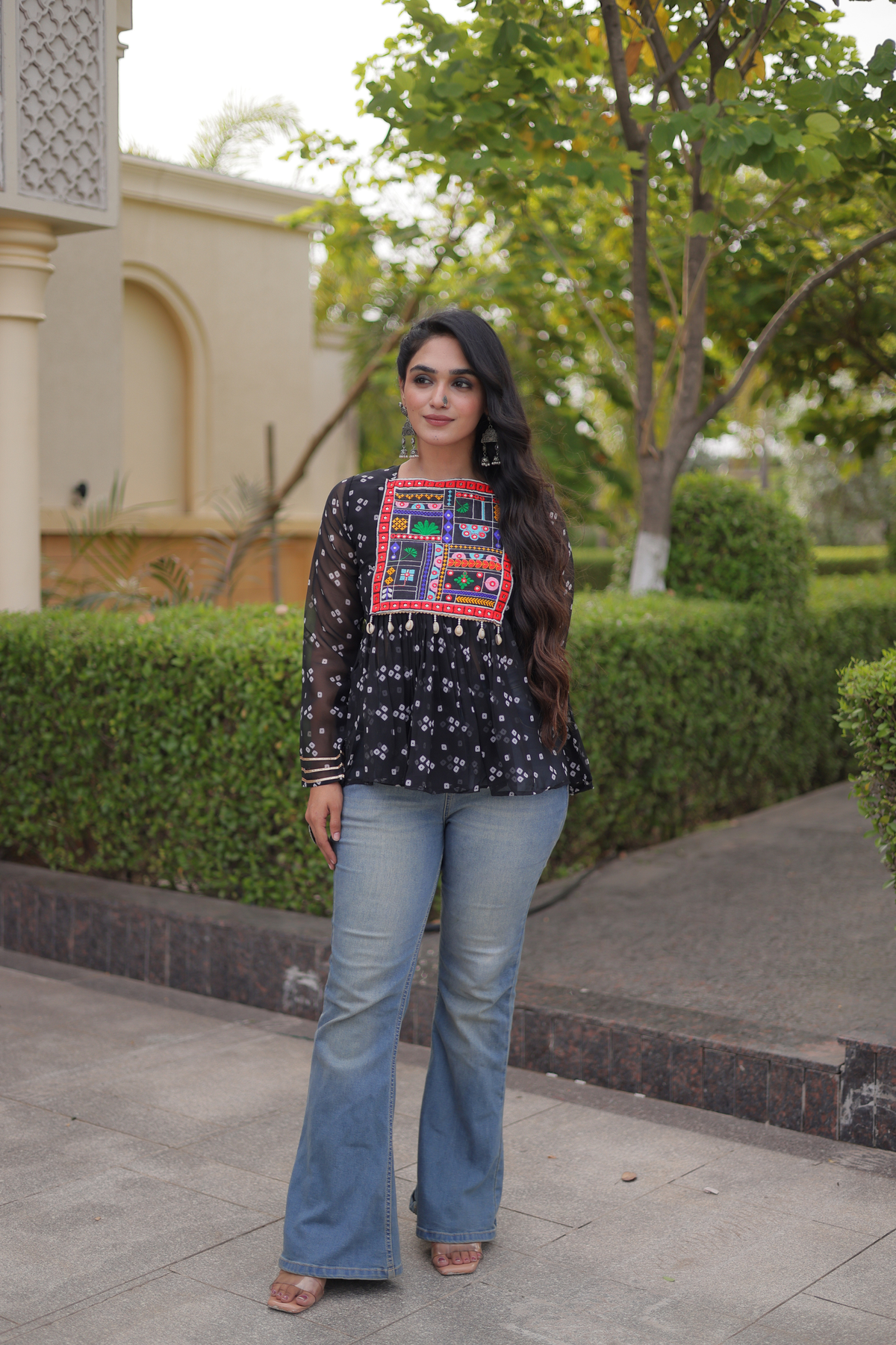 Designer Printed Peplum Top with Embroidered Yoke & Flared Hem